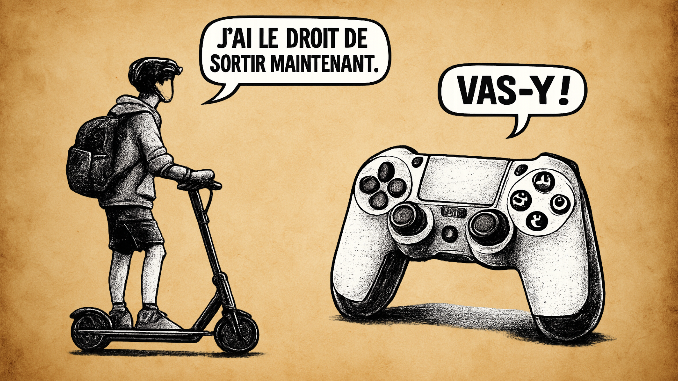 Ado_01 un ado dit à sa manette de console qu'il a le droit de sortir maintenant. La manette lui répond ; vas-y !