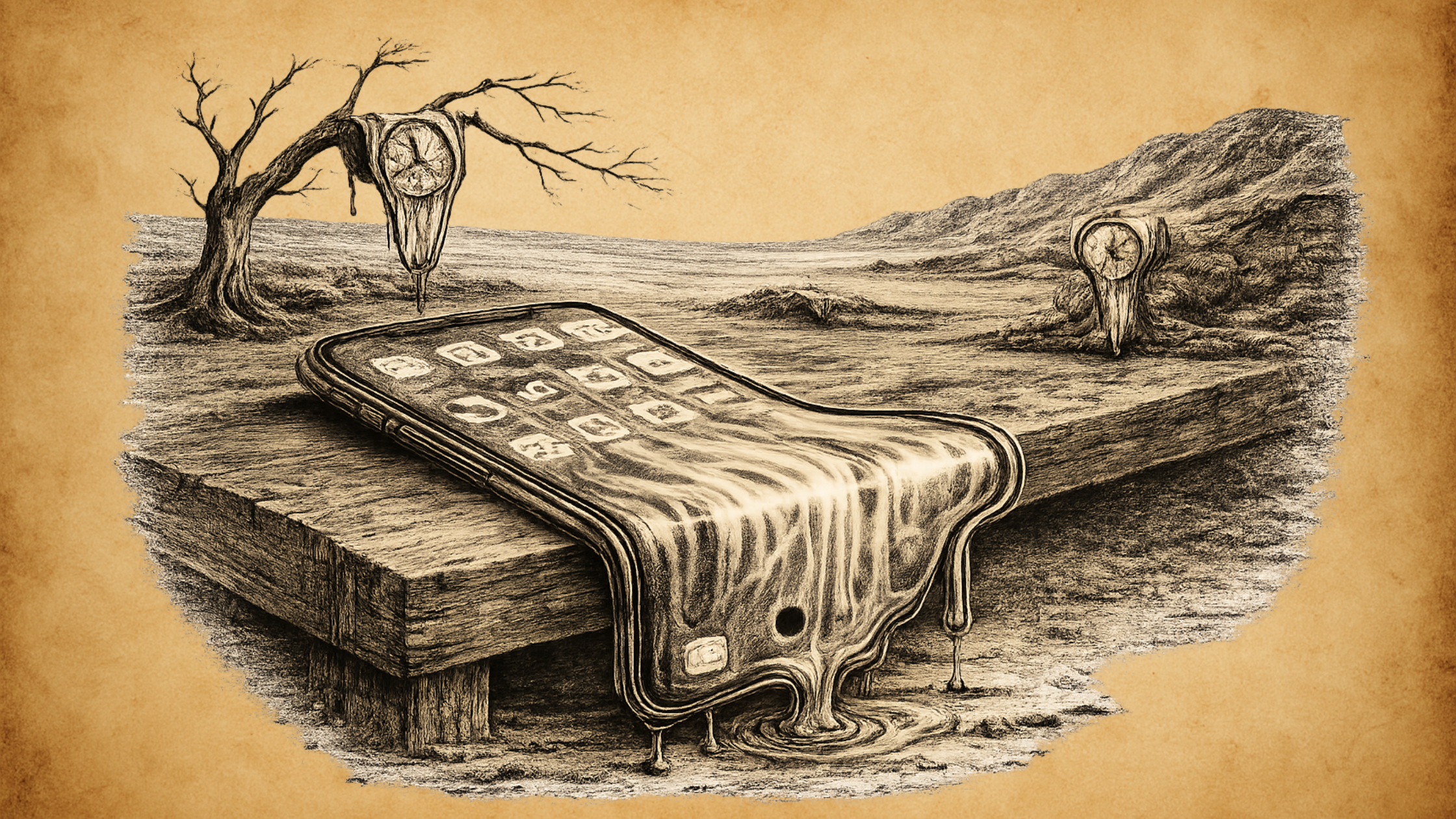 Détournement situationniste de Dalí : un smartphone qui fond comme du fromage dans un paysage désertique, symbolisant la dissolution du temps et de la technologie.