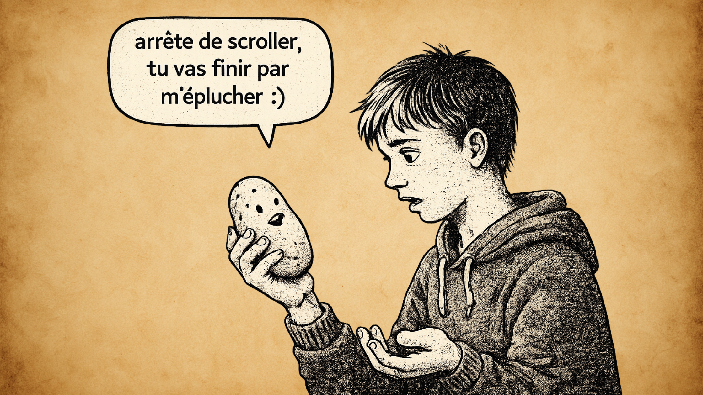 Un jeune homme tient une pomme de terre parlante qui lui dit : « Arrête de scroller, tu vas finir par m'éplucher :) ».