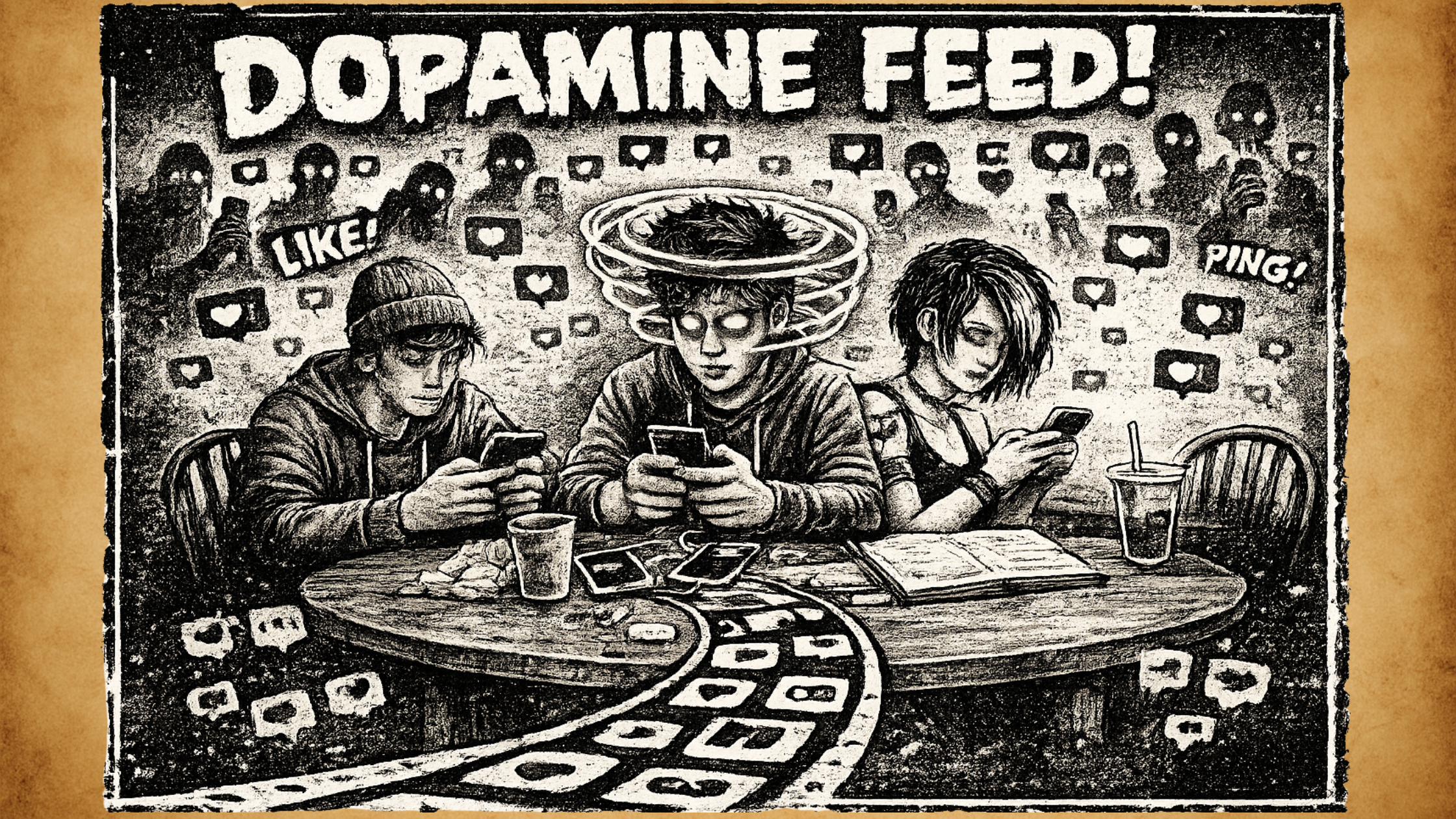 Des ados addict à leur smartphone avec le texte "dopamine feed"