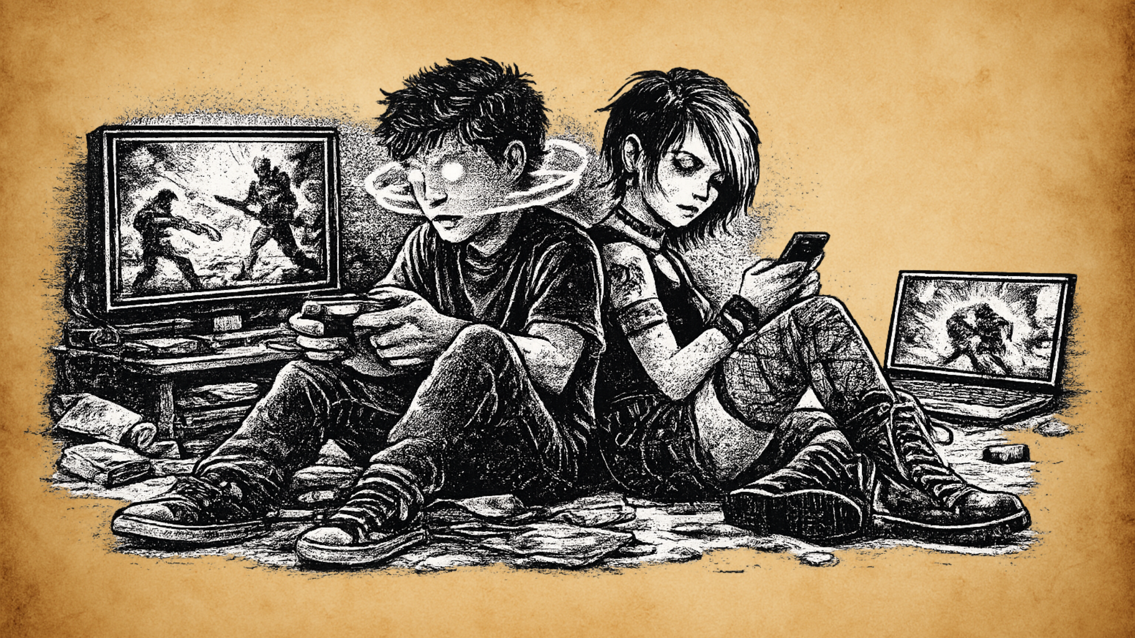 Deux ados dos un dos, un garçon et une fille. Amibiance punk et hyperconnectée.