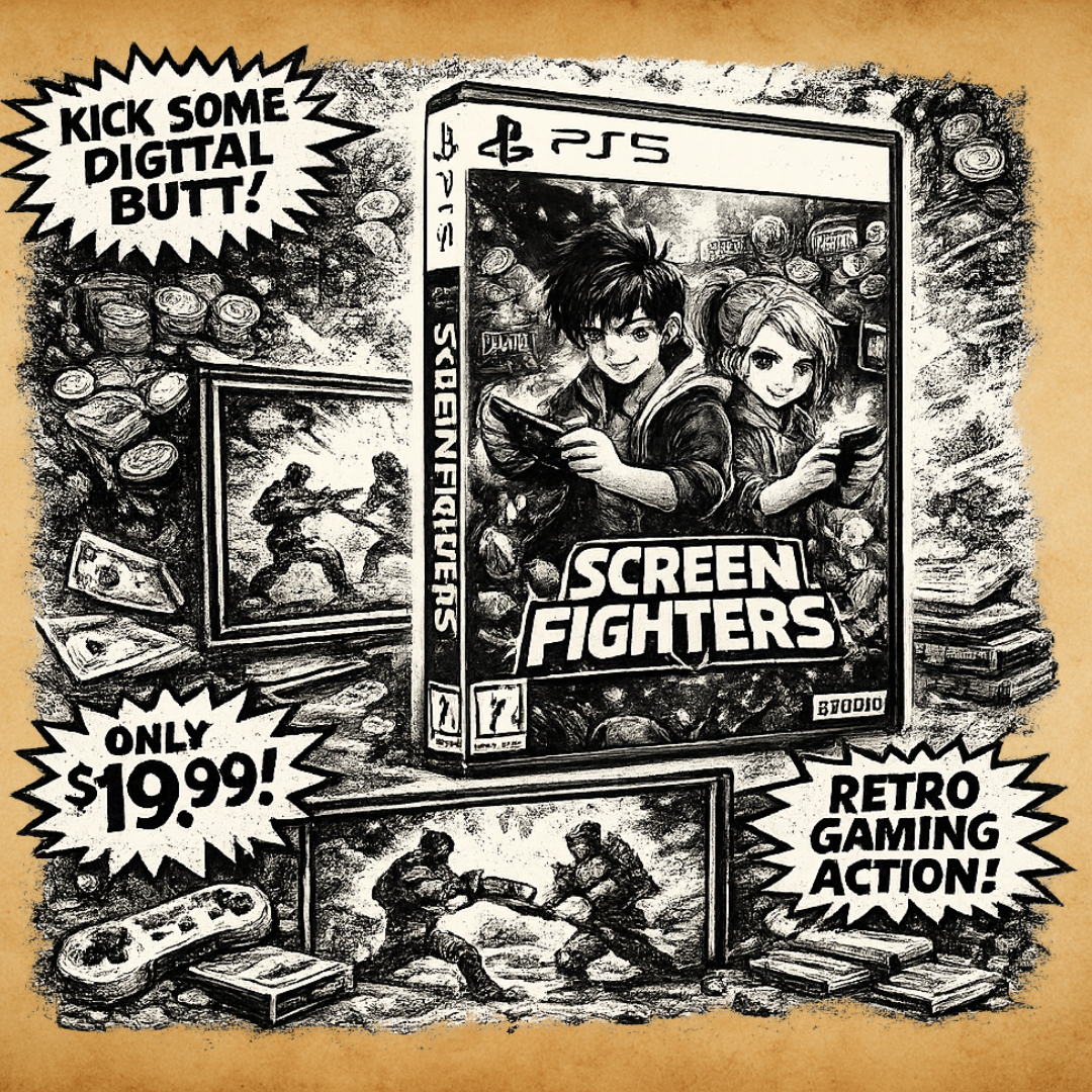 Ado_06 pub Boîte de jeu vidéo “Screen Fighters” avec scènes de combat et slogans promotionnels, illustration parodique du gaming rétro