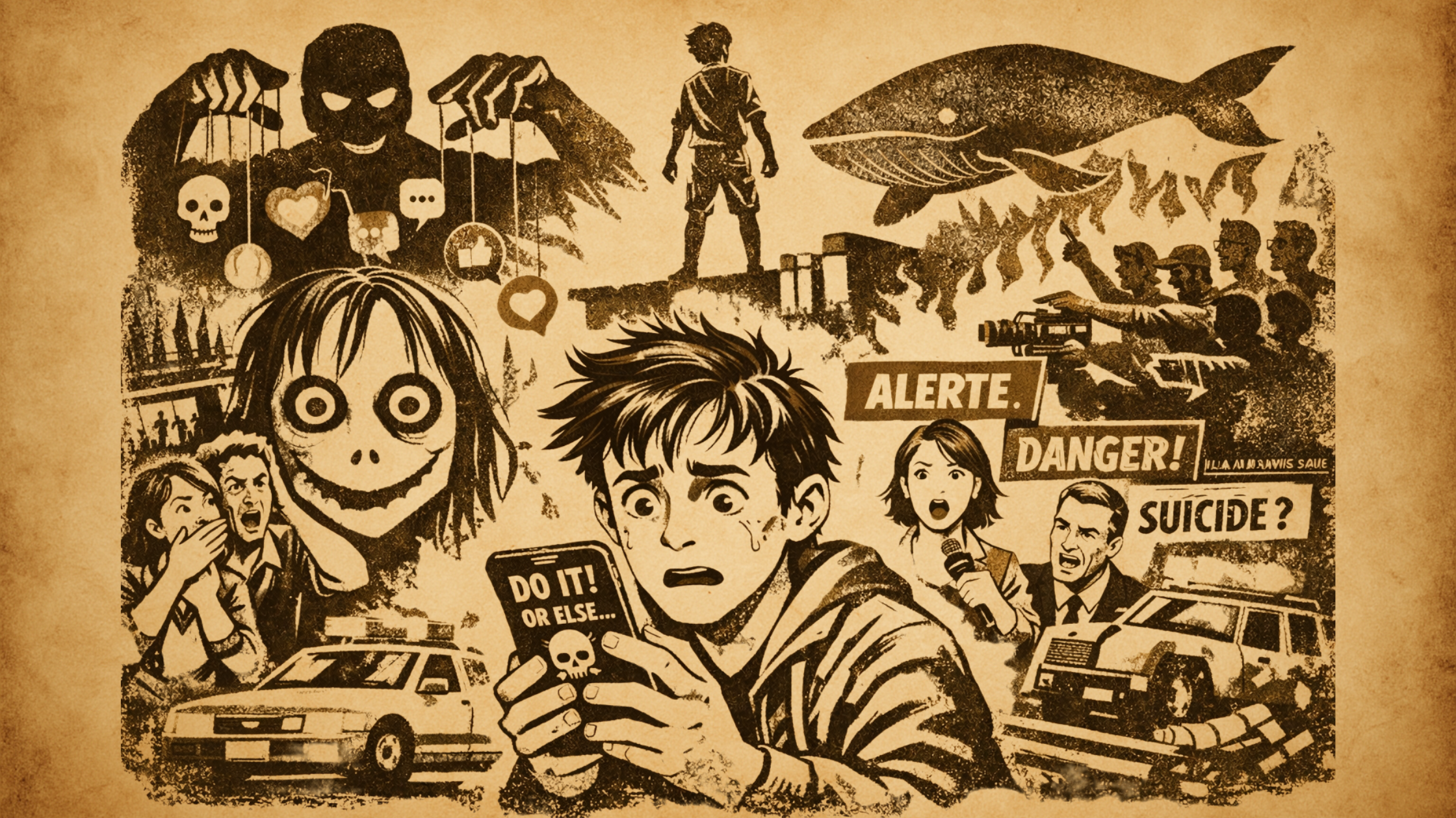 Adolescent inquiet devant un smartphone entouré d’images alarmistes (monstre, danger, défi en ligne), illustration des paniques morales autour d’Internet