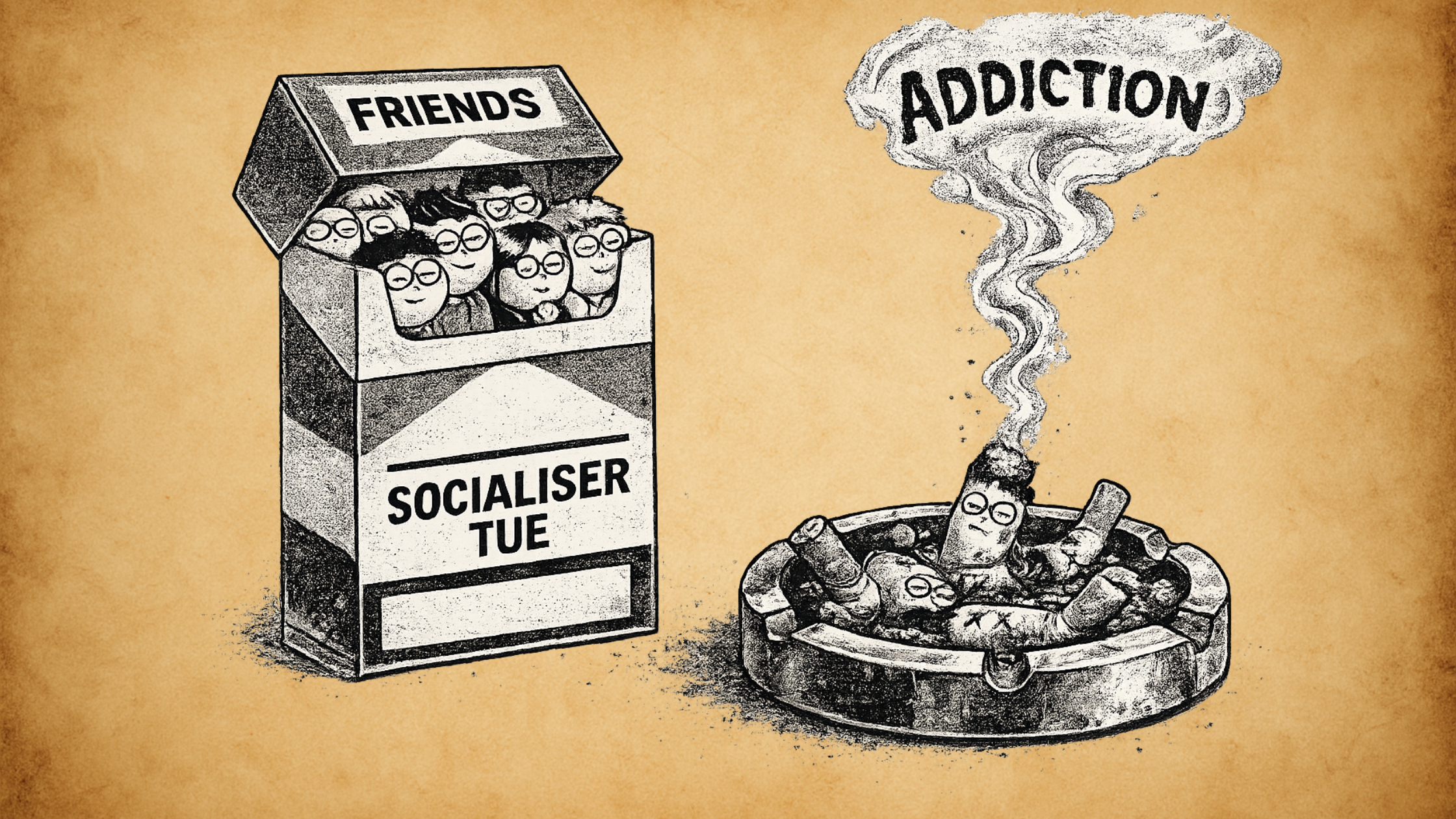 Personnes entassées dans un paquet de cigarettes “friends” opposé à un cendrier marqué “addiction”, critique des discours qui pathologisent les relations sociales