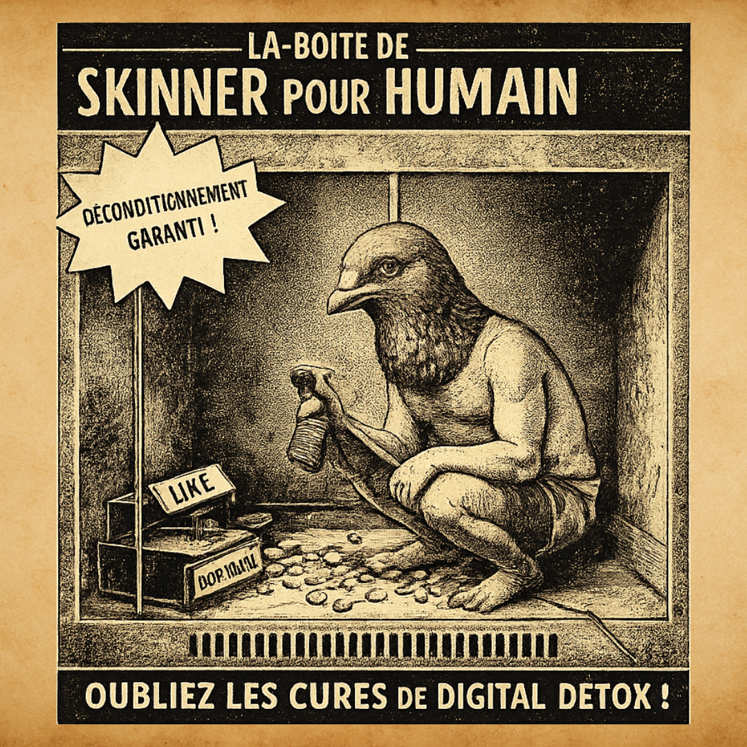 Design_02 pub Illustration d’une “boîte de Skinner pour humain” utilisée pour se déconditionner des mécanismes de récompense numérique, satire du sevrage digital