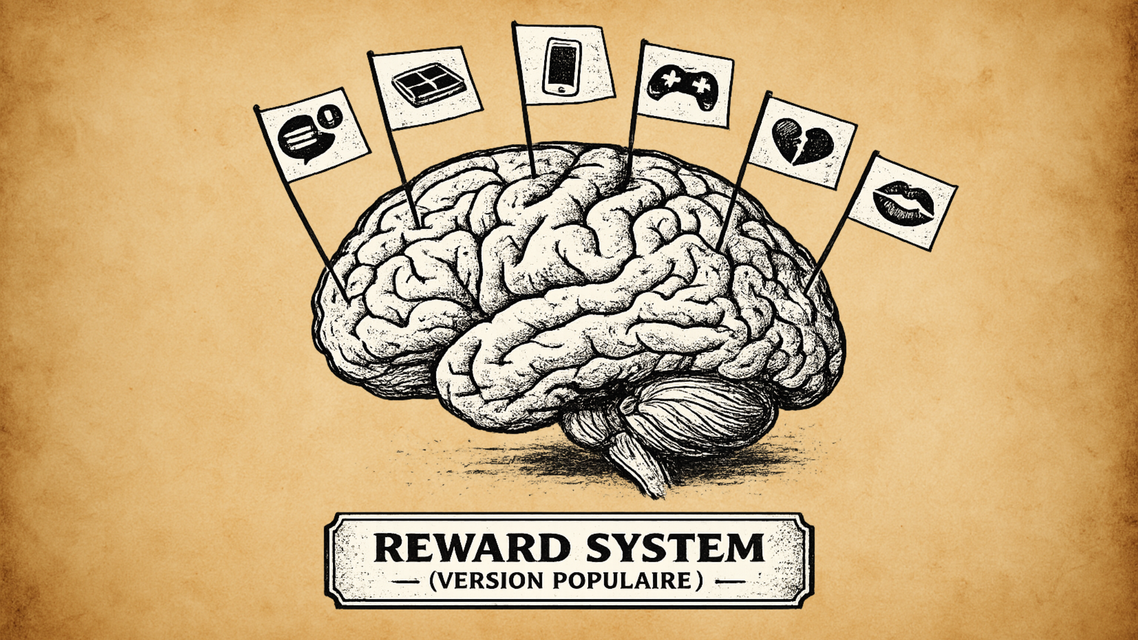 Design_02 Cerveau surmonté de symboles comme like, jeux vidéo et smartphone, illustrant le système de récompense associé aux usages numériques