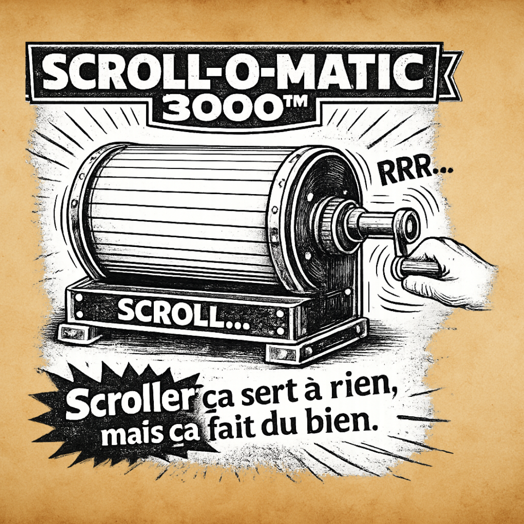Design_03 pub Appareil mécanique à manivelle produisant du “scroll”, métaphore du défilement infini et du plaisir associé malgré son inutilité