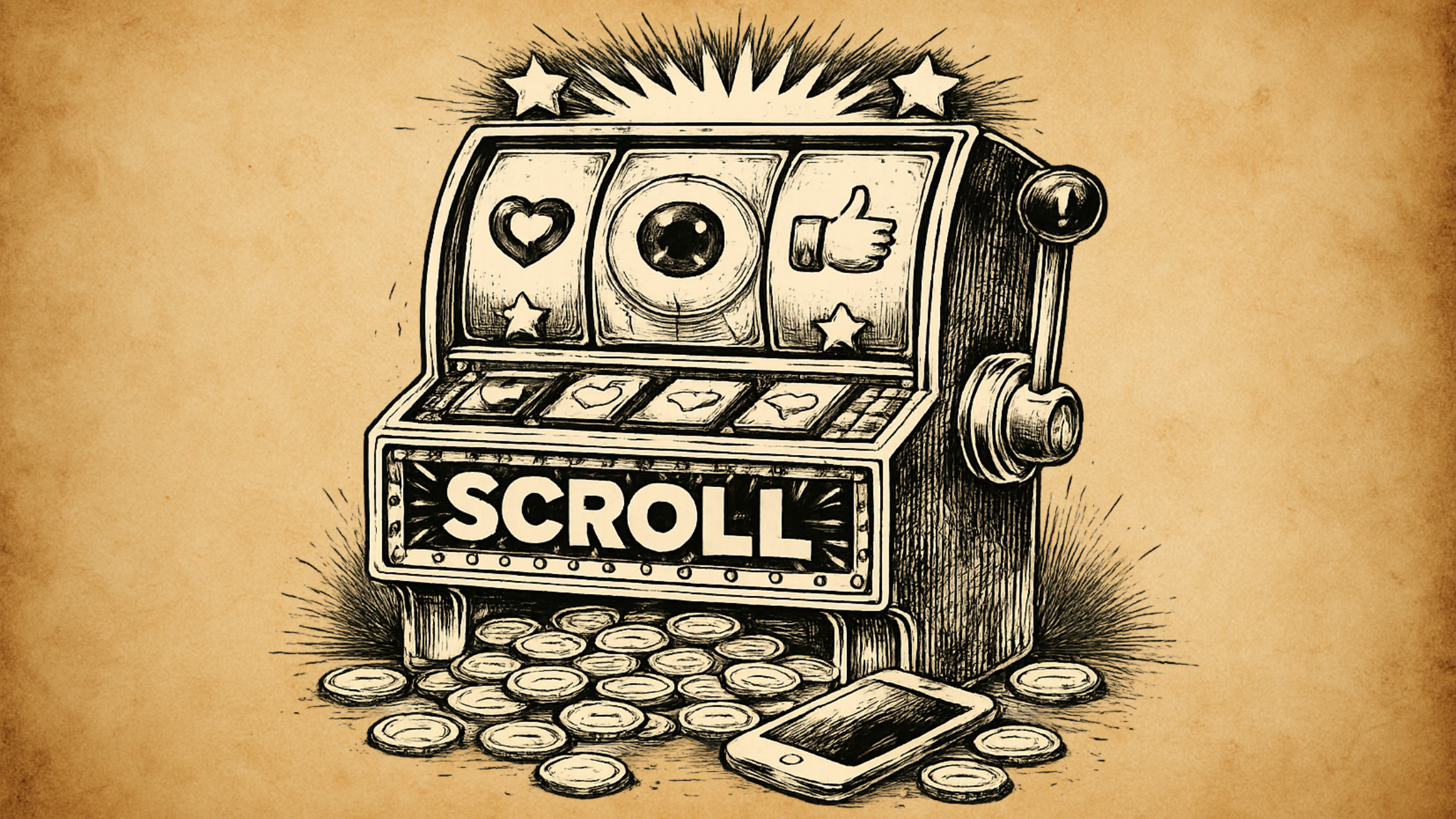 Machine à sous avec symboles de réseaux sociaux et le mot “scroll”, illustration du défilement infini et des mécanismes de récompense