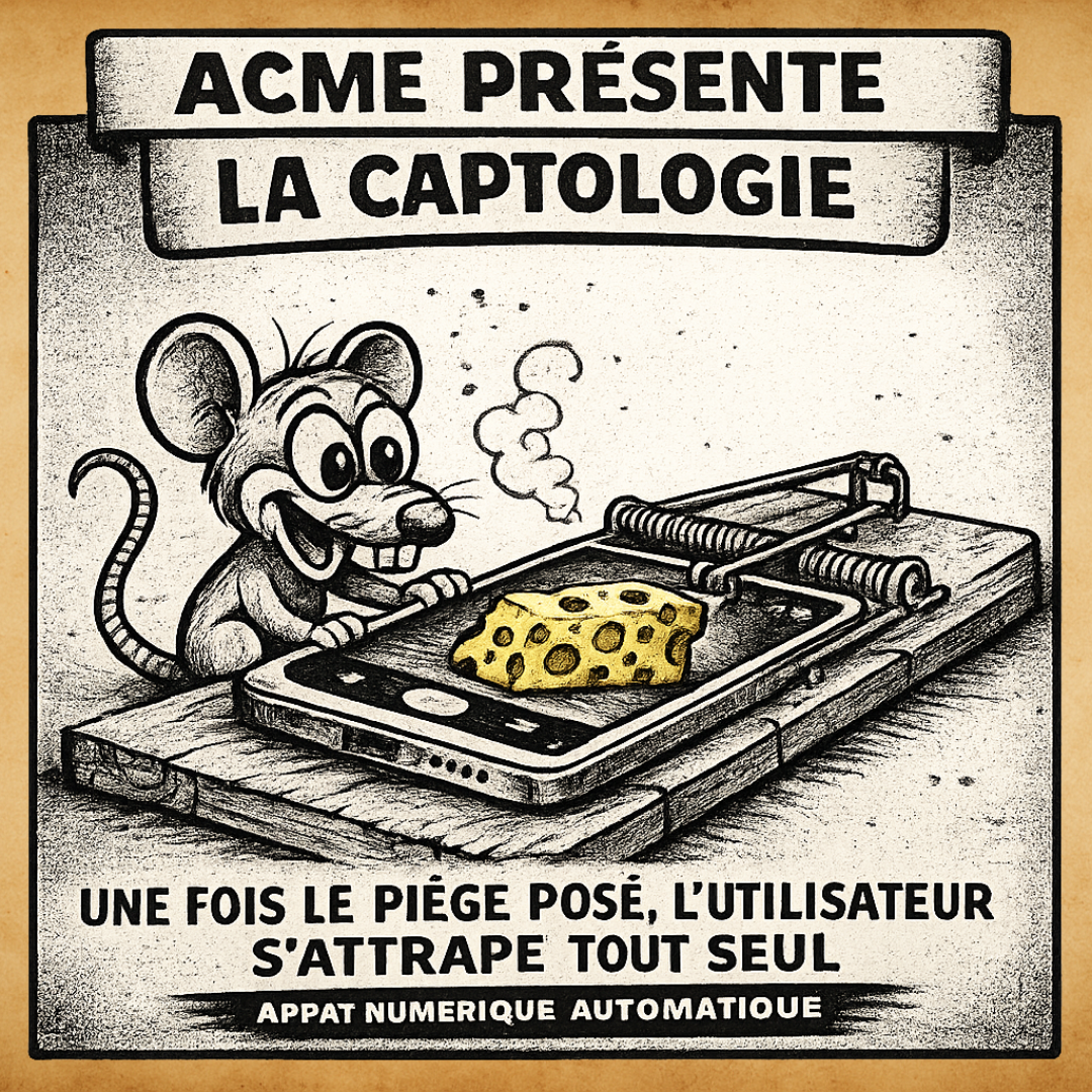 Design_04 pub Souris attirée par un smartphone utilisé comme piège avec appât, illustration satirique des techniques de captation de l’attention dans les applications numériques