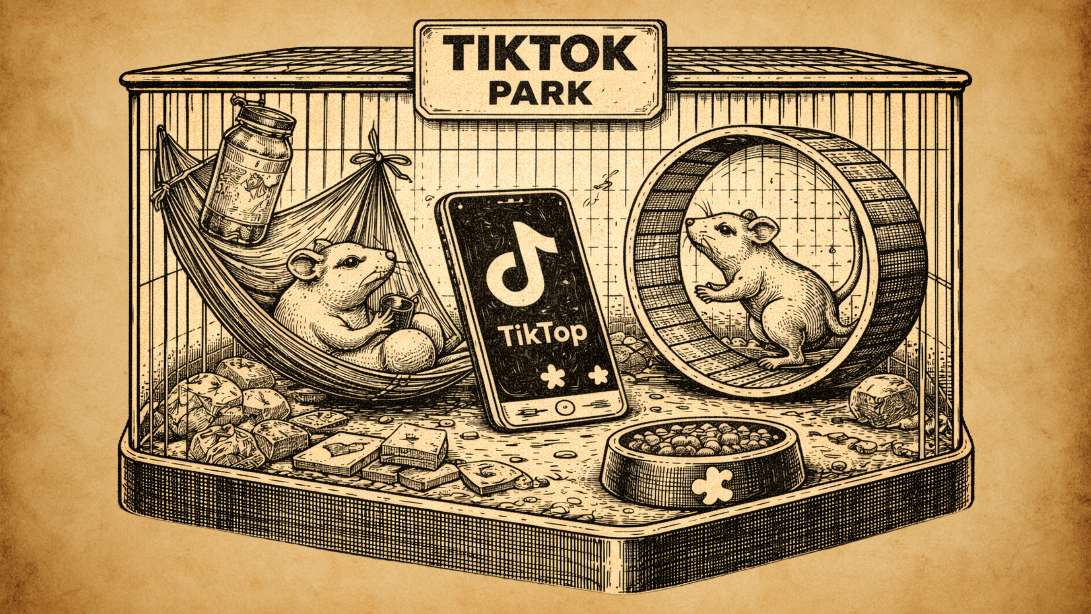 Design_04 Cage avec des rats, roue et accessoires autour d’un smartphone TikTok, illustration inspirée de Rat Park pour évoquer les environnements et les usages numériques