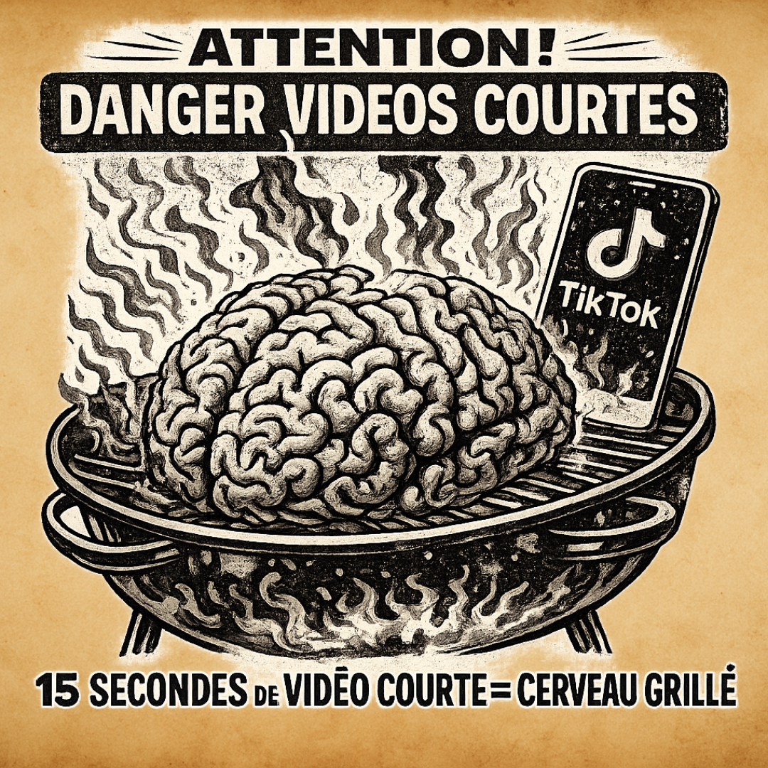 Design_05 pub Illustration alarmiste montrant un cerveau en train de cuire avec un smartphone et le message sur les dangers des vidéos courtes