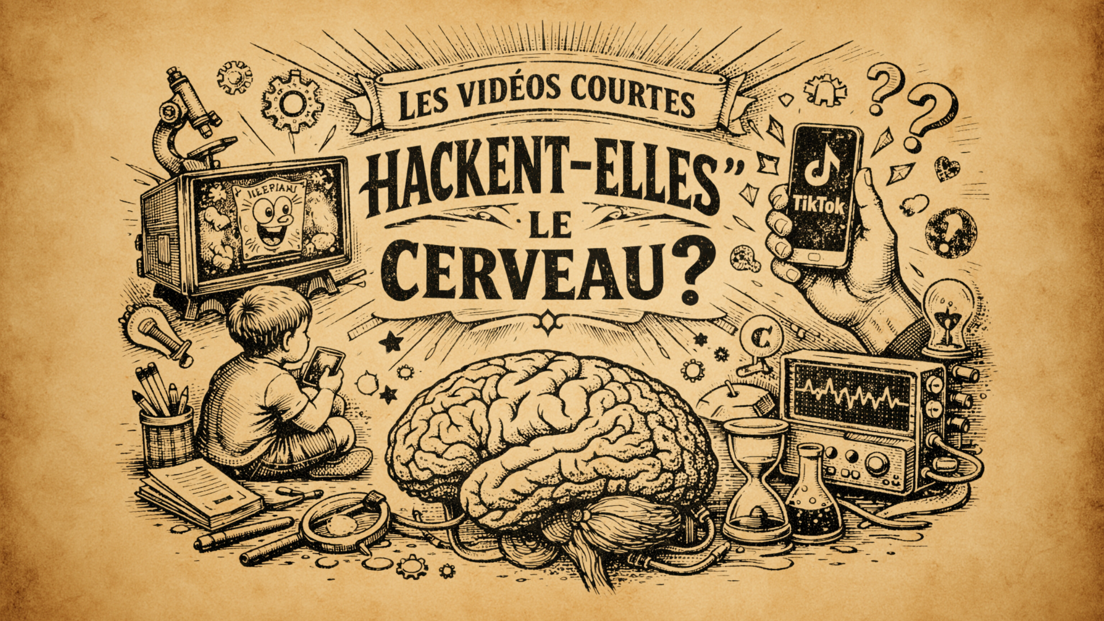 Design_05 Illustration posant la question “les vidéos courtes hackent-elles le cerveau” avec enfant, smartphone et cerveau entouré d’éléments scientifiques et numériques