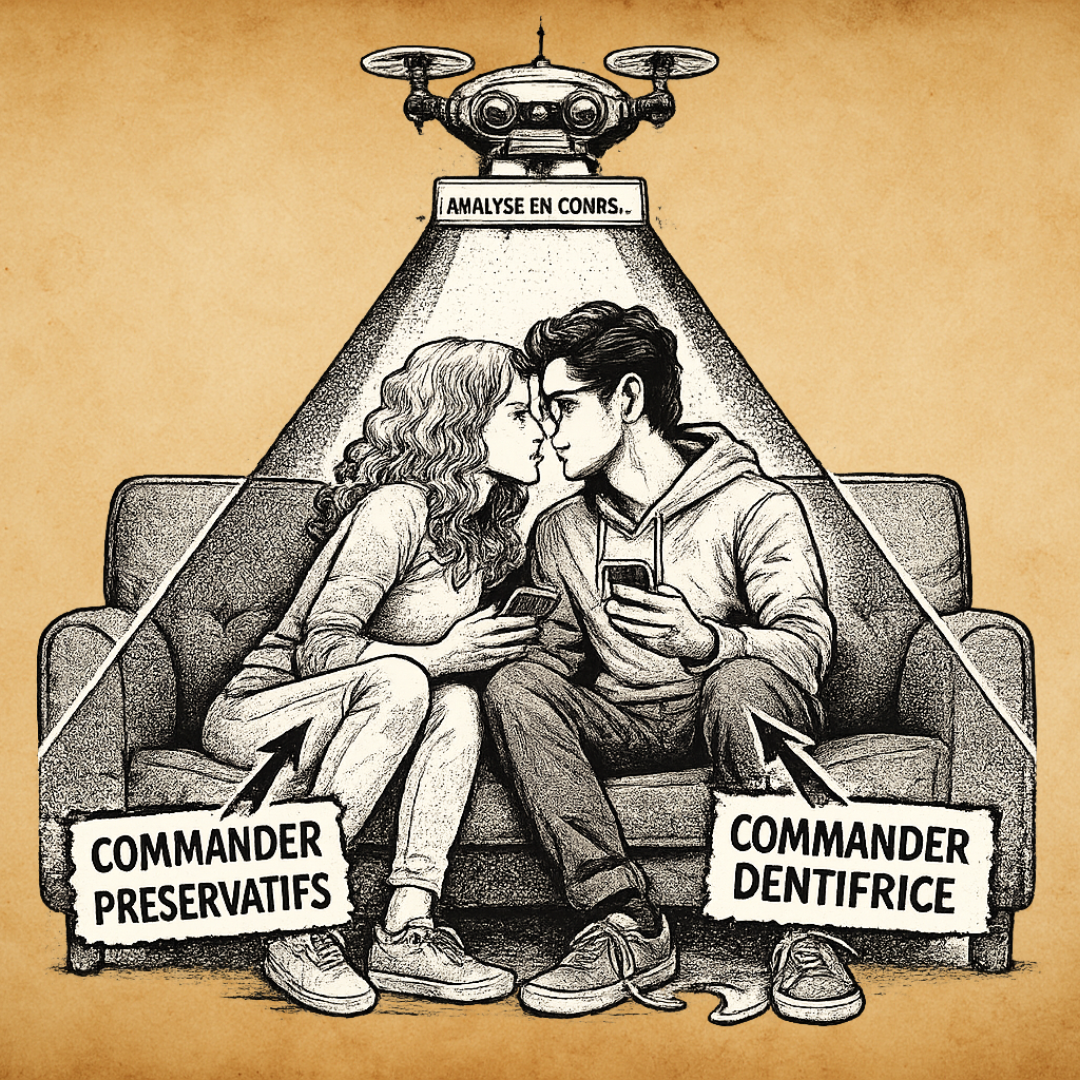 n couple assis face à face sous un drone, hésitant entre préservatifs et dentifrice.