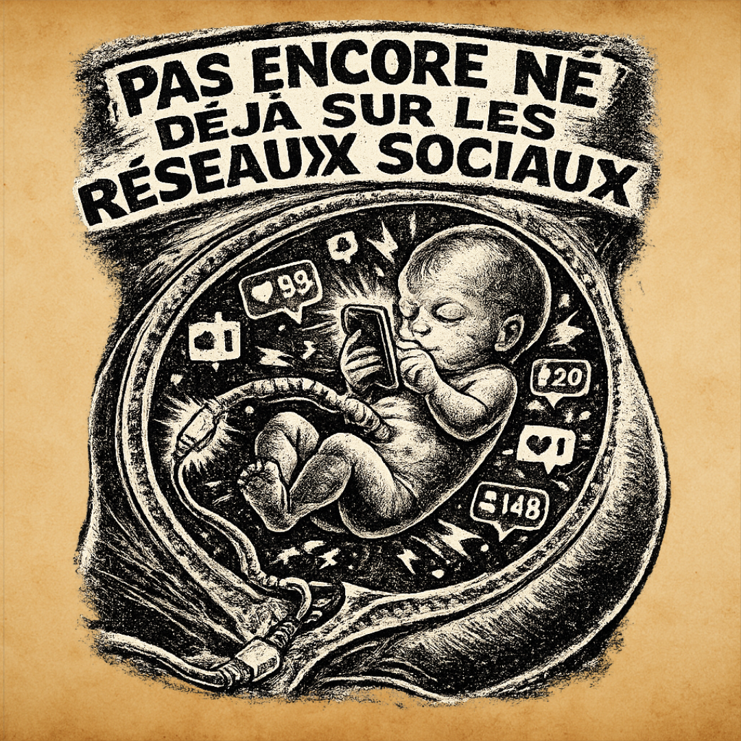 Bébé dans le ventre scrolle sur smartphone, entouré de notifications — “pas encore né, déjà sur les réseaux sociaux”.