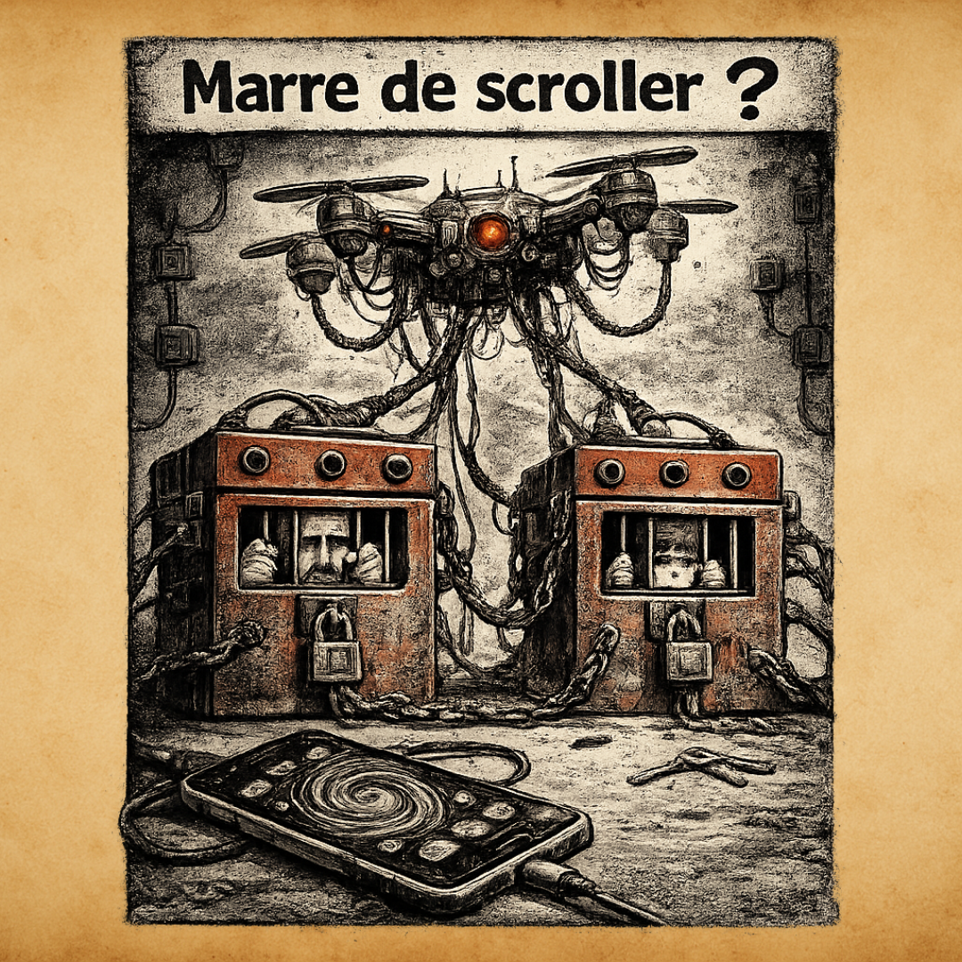 “Marre de scroller ?” — deux humains enfermés dans des machines alimentent un drone relié à un smartphone en boucle infinie.