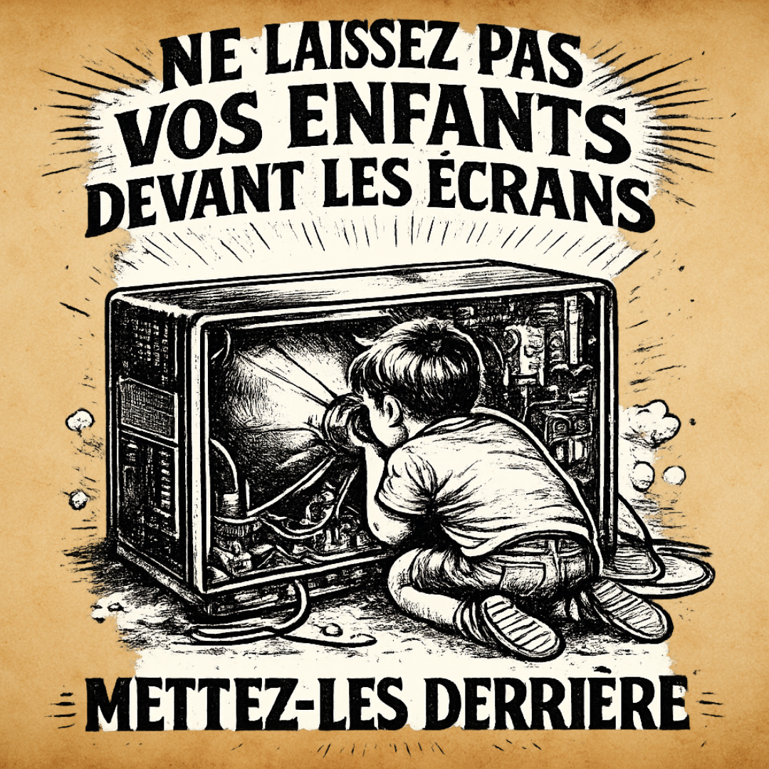 Enfant_02 pub Enfant accroupi derrière un écran ouvert avec le message “ne laissez pas vos enfants devant les écrans, mettez-les derrière”, illustration humoristique