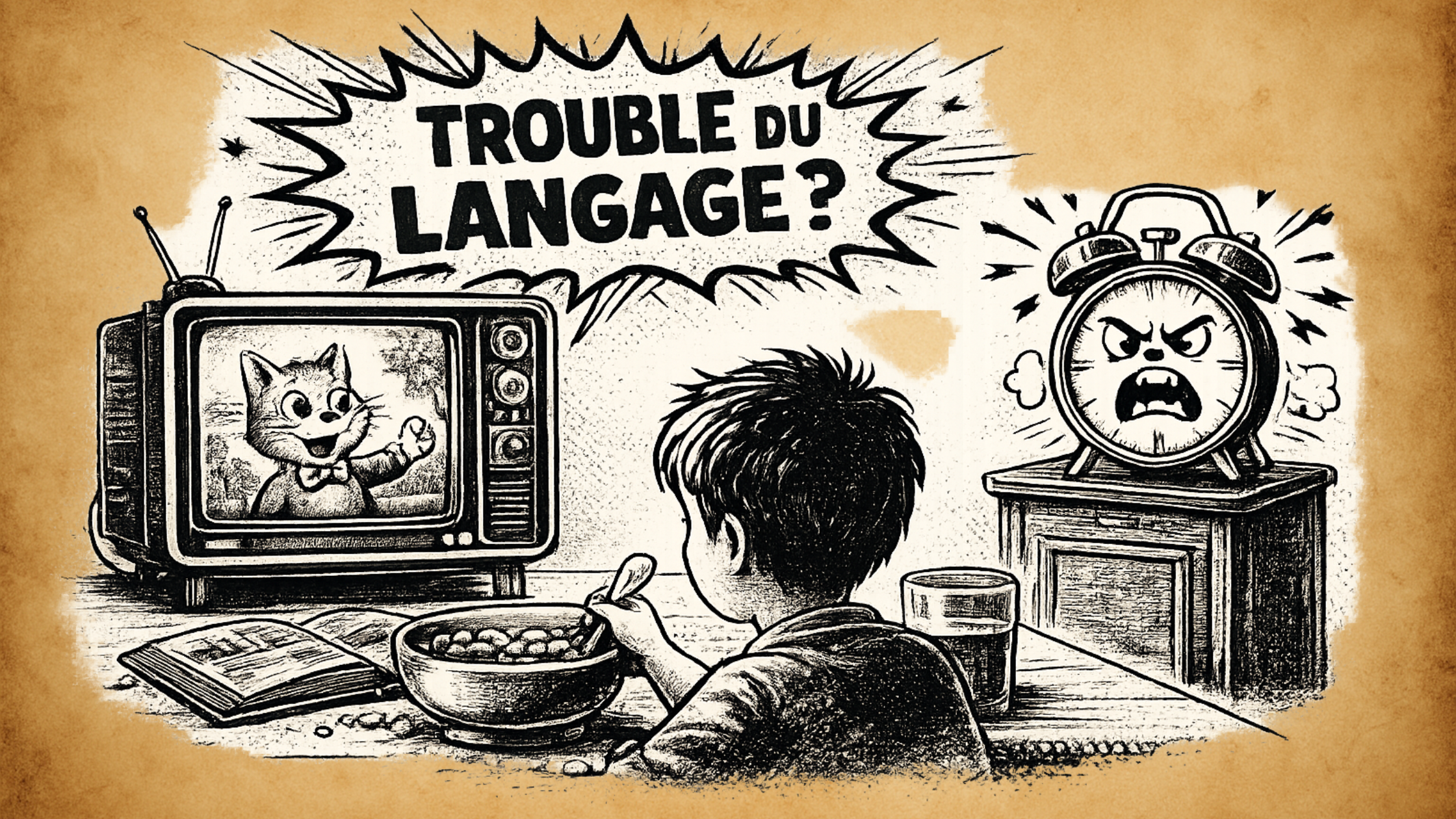 Enfant_02 Enfant regardant la télévision pendant un repas avec le message “trouble du langage”, illustration des inquiétudes autour des écrans et du développement du langage