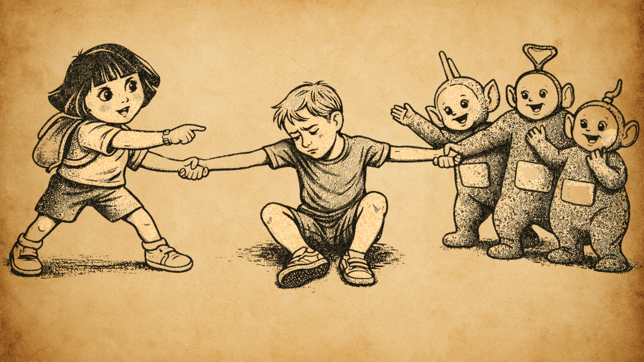 Enfant_03 Enfant tiré entre des personnages de dessins animés (type Dora et Teletubbies), illustration des différences de qualité des contenus pour le développement du langage chez les jeunes enfants