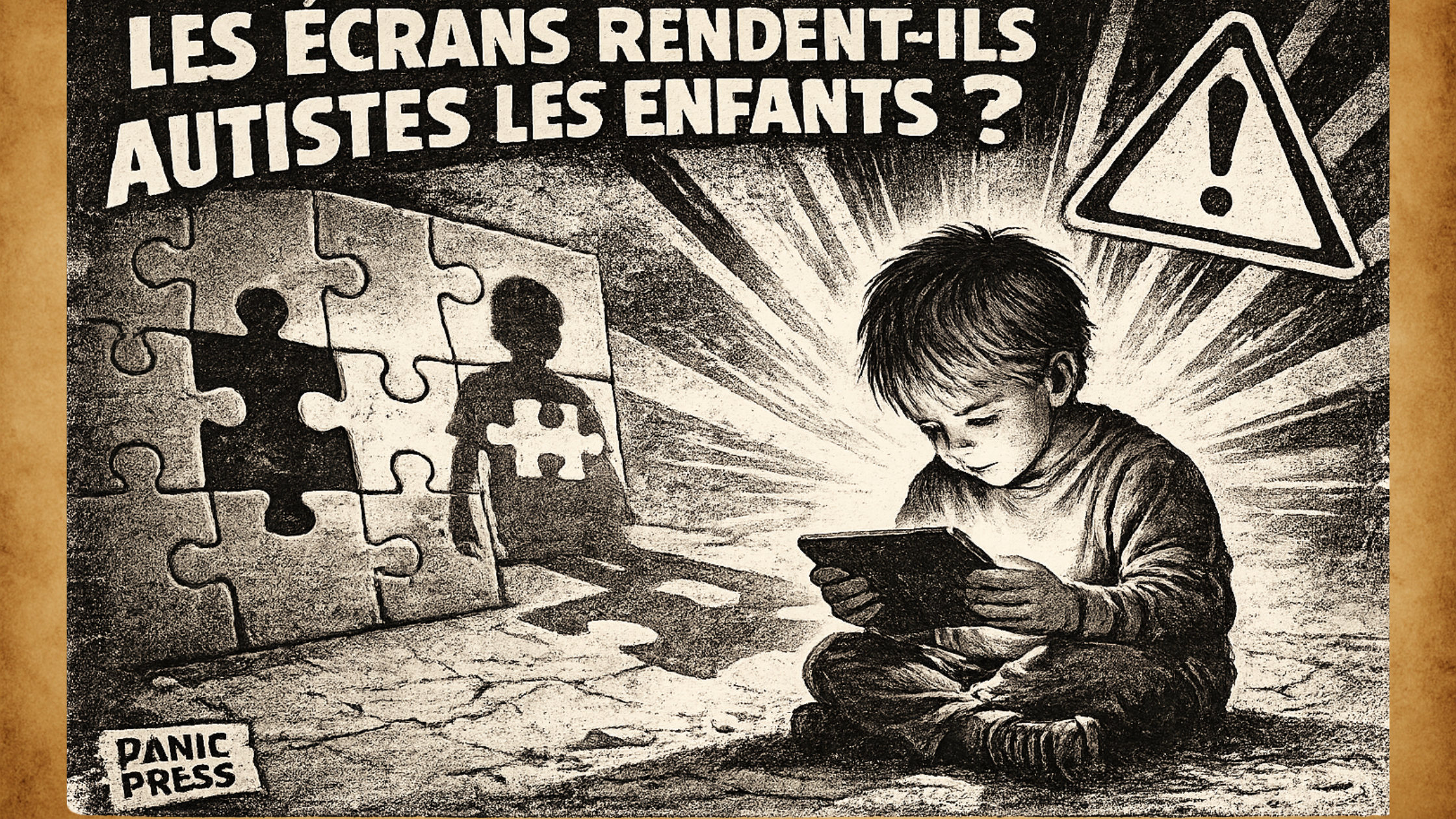 Enfant utilisant une tablette avec un visuel alarmiste posant la question “les écrans rendent-ils autistes les enfants”, illustration des discours anxiogènes sur les écrans