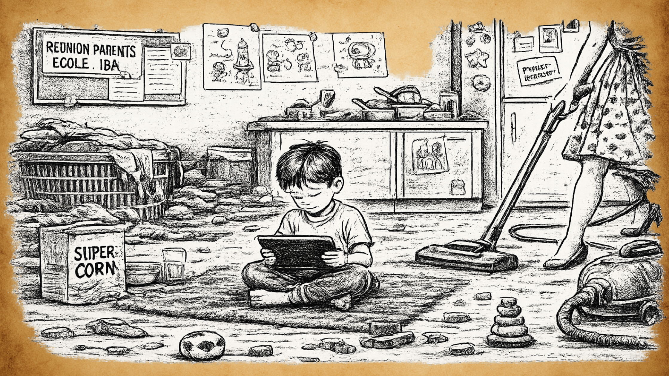 Enfant assis au sol absorbé par une tablette dans une maison en désordre pendant qu’un adulte fait le ménage, illustration des usages numériques dans le quotidien familial