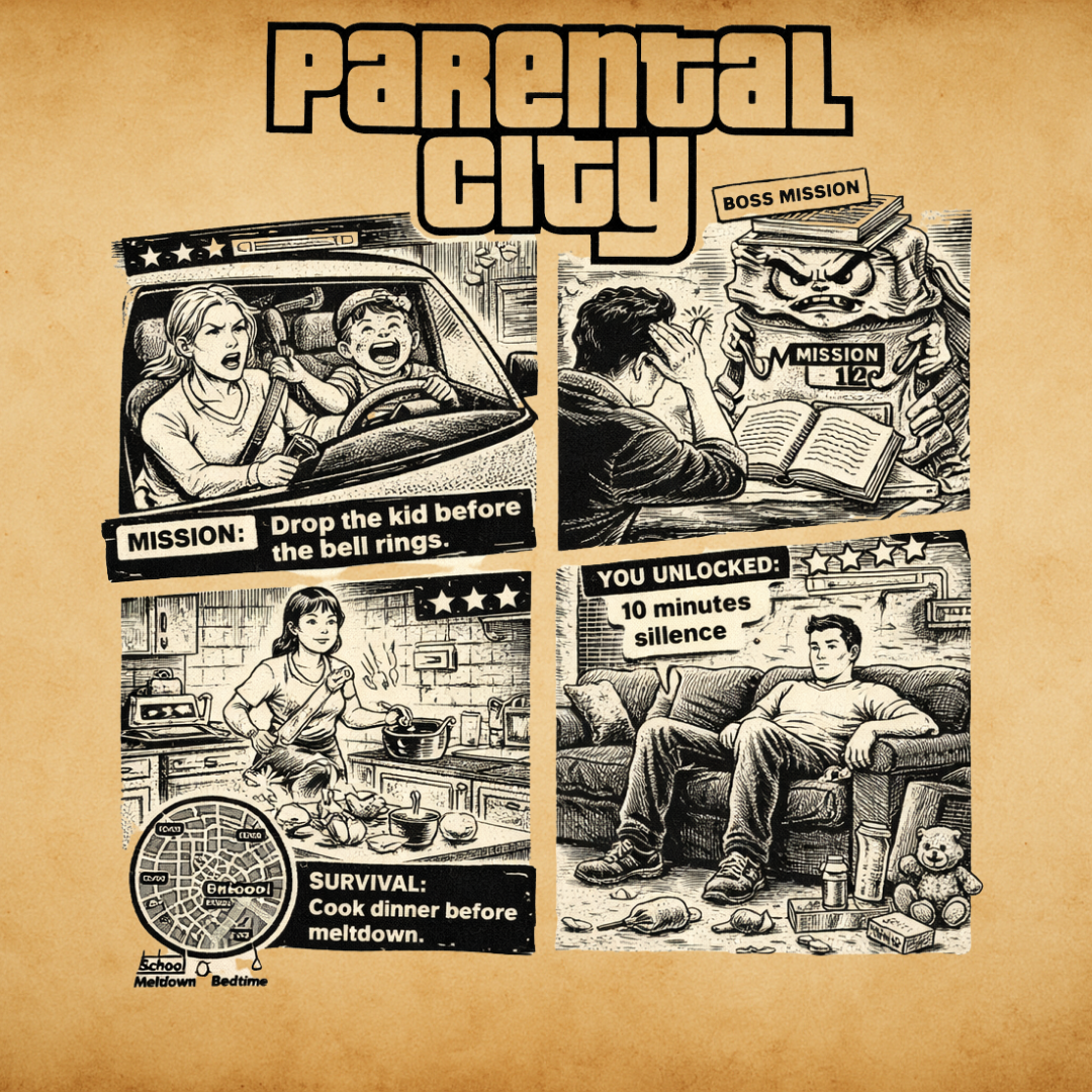 Parent_02 pub Illustration type jeu vidéo “Parental City” montrant des scènes du quotidien parental sous forme de missions, inspirée de GTA