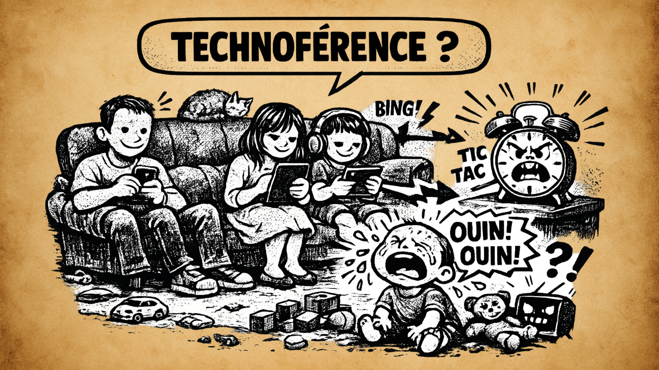 Illustration noir et blanc : enfants sur écrans ignorent un bébé qui pleure, avec le texte “Technoférence ?”.
