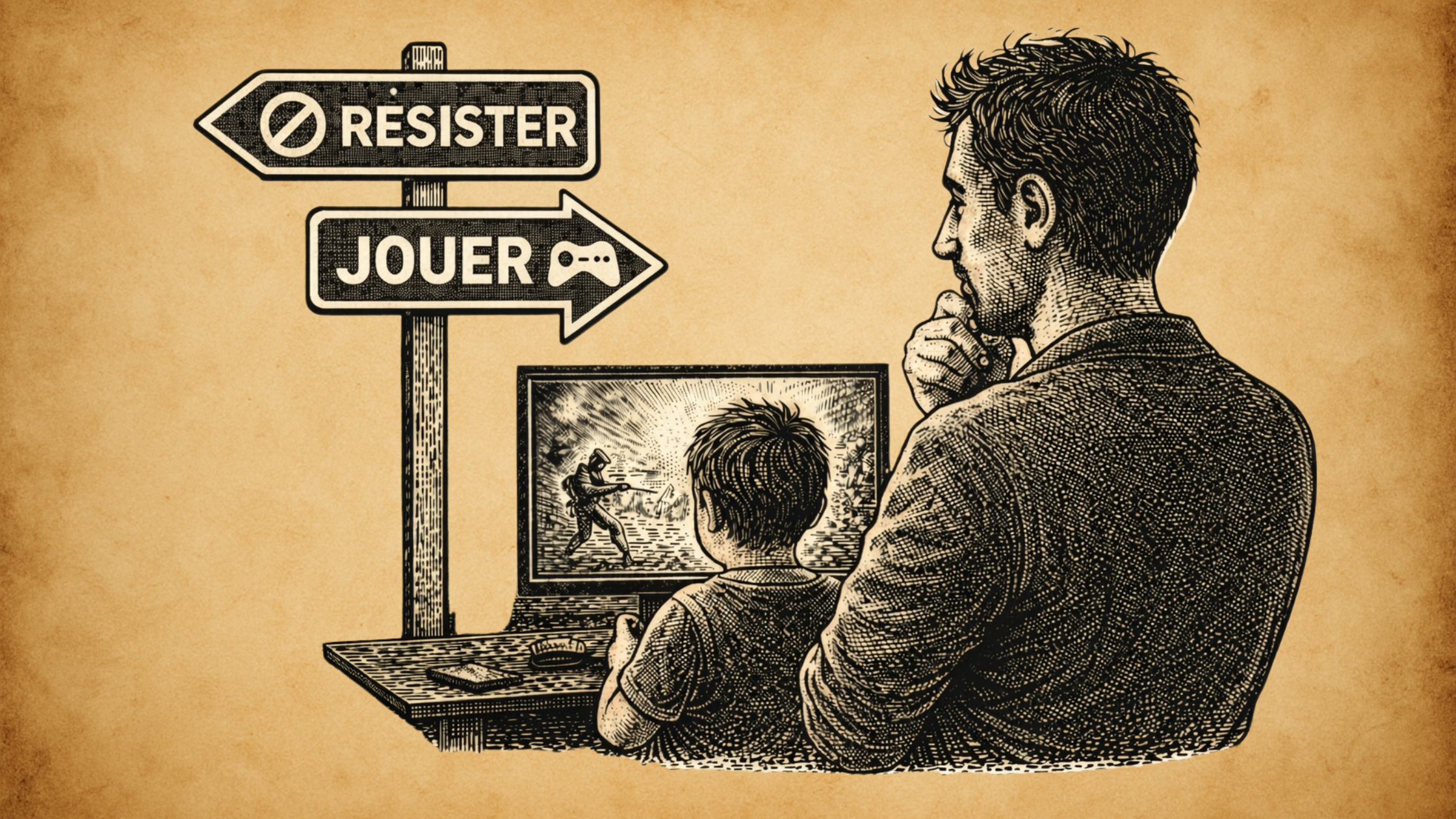 Parent observant un enfant jouer à un jeu vidéo devant un écran avec un panneau indiquant “résister” ou “jouer”, illustration du dilemme face aux écrans