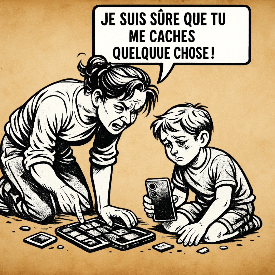 Parent_04 pub Parent accusant un enfant de cacher quelque chose en fouillant une tablette et un smartphone, illustration des tensions et du contrôle autour des écrans