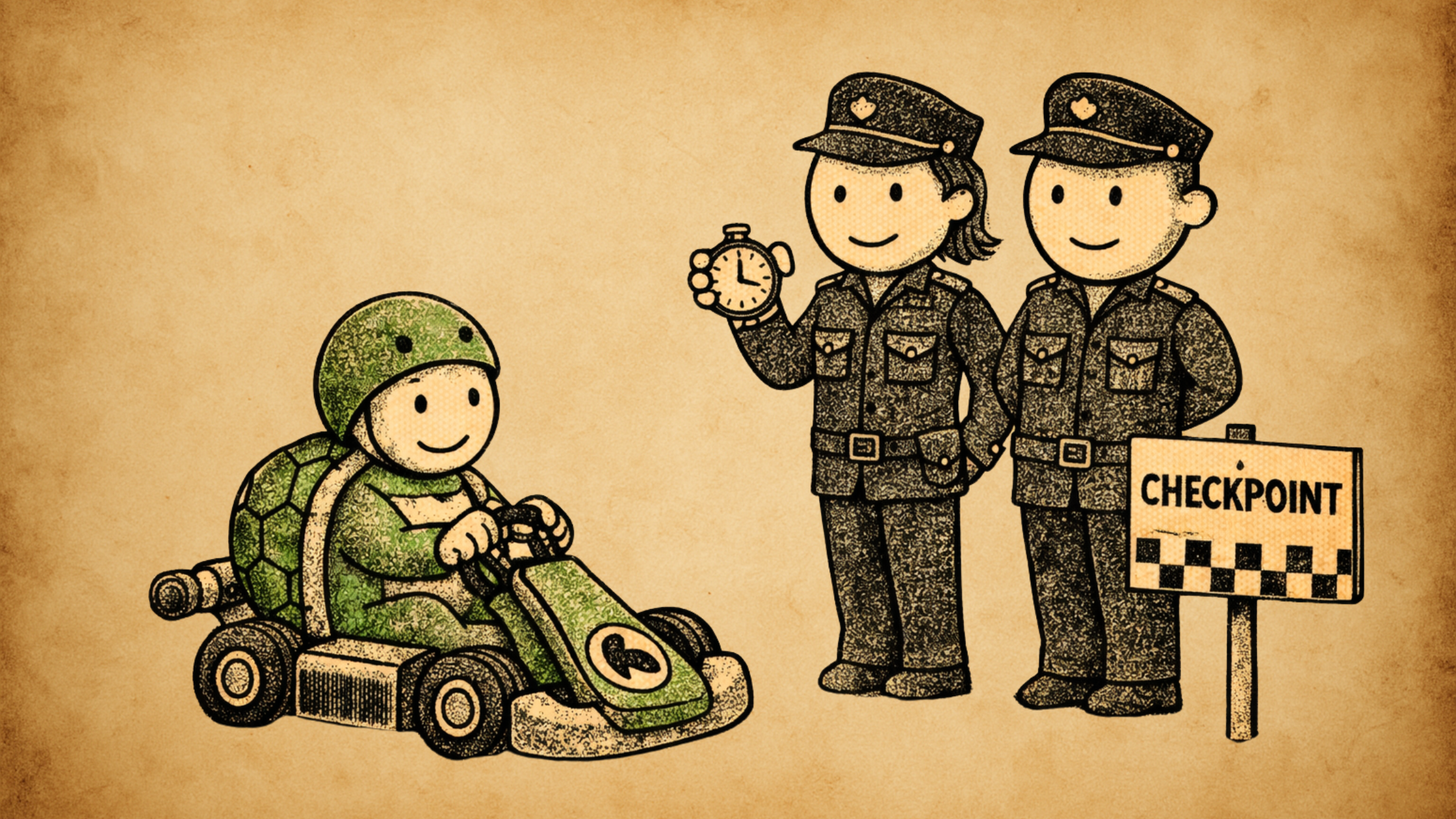 Parent_04 Enfant en kart arrêté à un checkpoint par des policiers tenant un chronomètre, illustration inspirée de Mario Kart dans la vie réelle