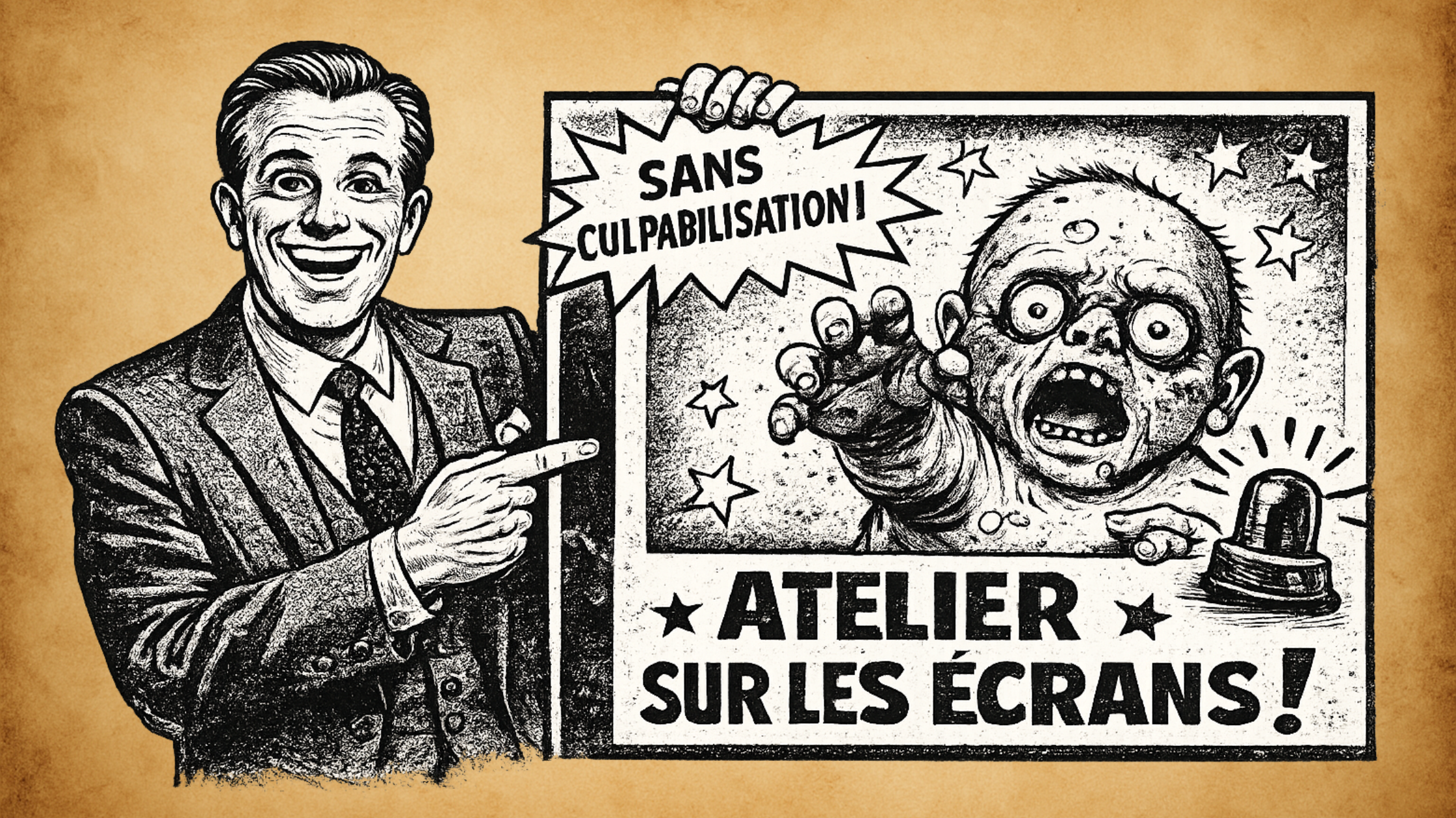 Homme présentant une affiche alarmiste sur les écrans avec la mention “atelier sur les écrans sans culpabilisation”, illustration satirique des discours anxiogènes