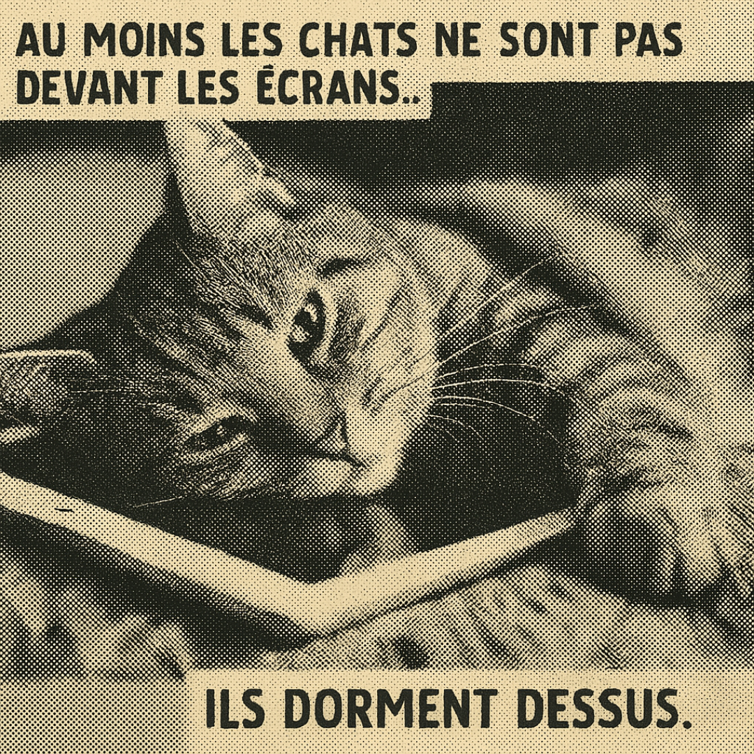 Sante_02 pub Chat allongé sur une tablette avec le texte “au moins les chats ne sont pas devant les écrans, ils dorment dessus”, illustration humoristique sur les écrans