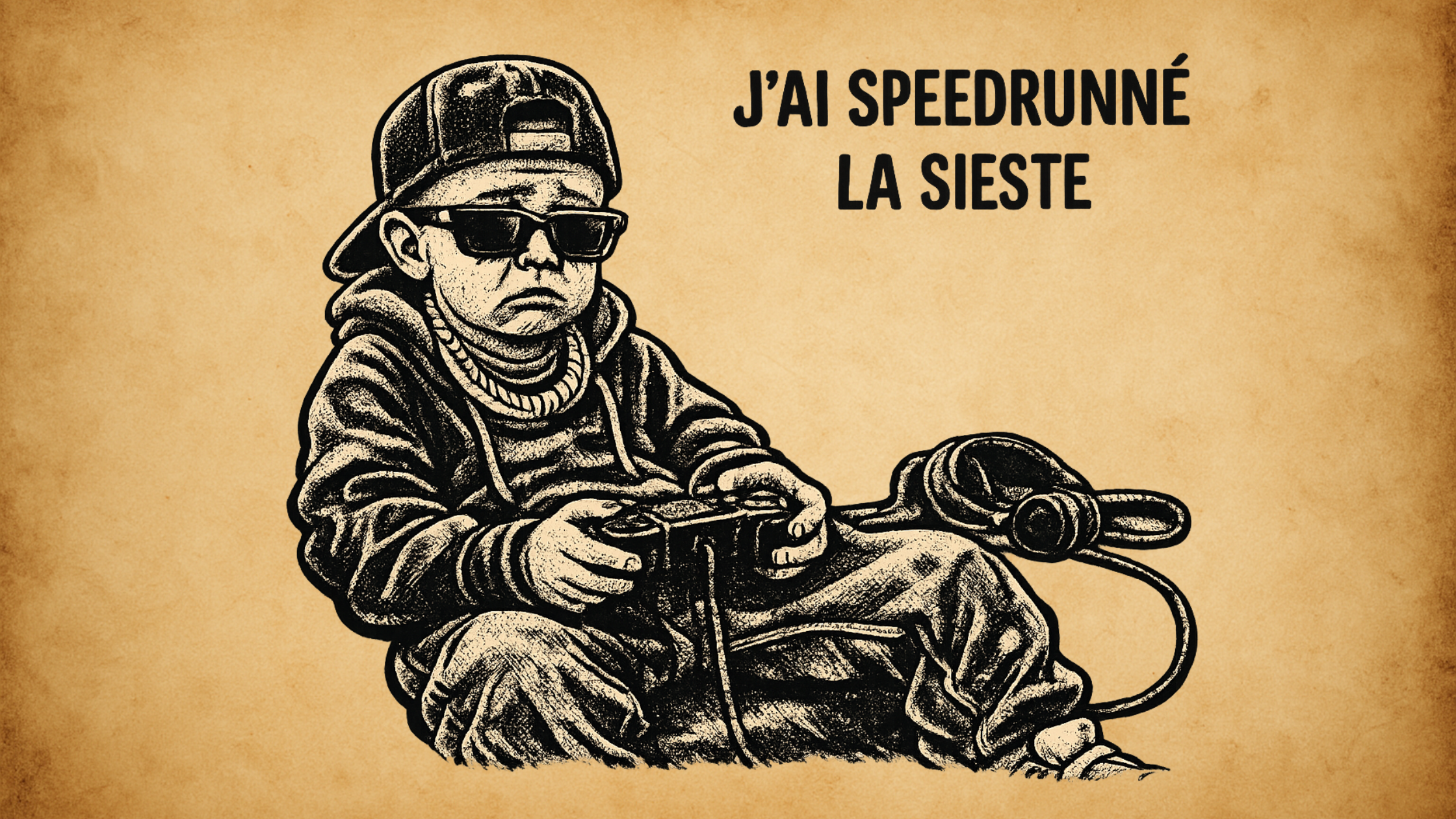 Sante_02 Enfant jouant à la console avec le texte “j’ai speedrunné la sieste”, illustration humoristique sur le jeu vidéo et le sommeil