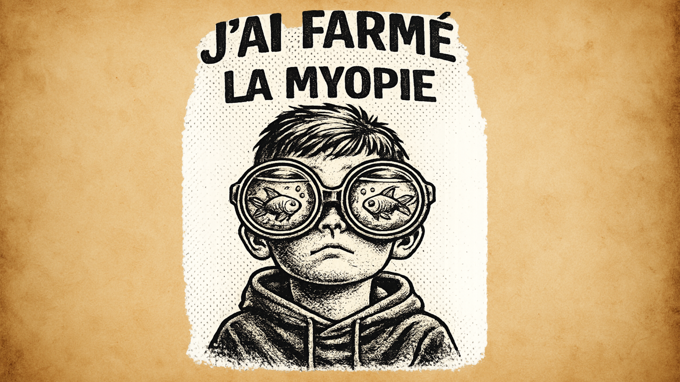 Enfant portant des lunettes en forme d’aquariums avec des poissons rouges à l’intérieur, illustration noir et blanc style gravure.