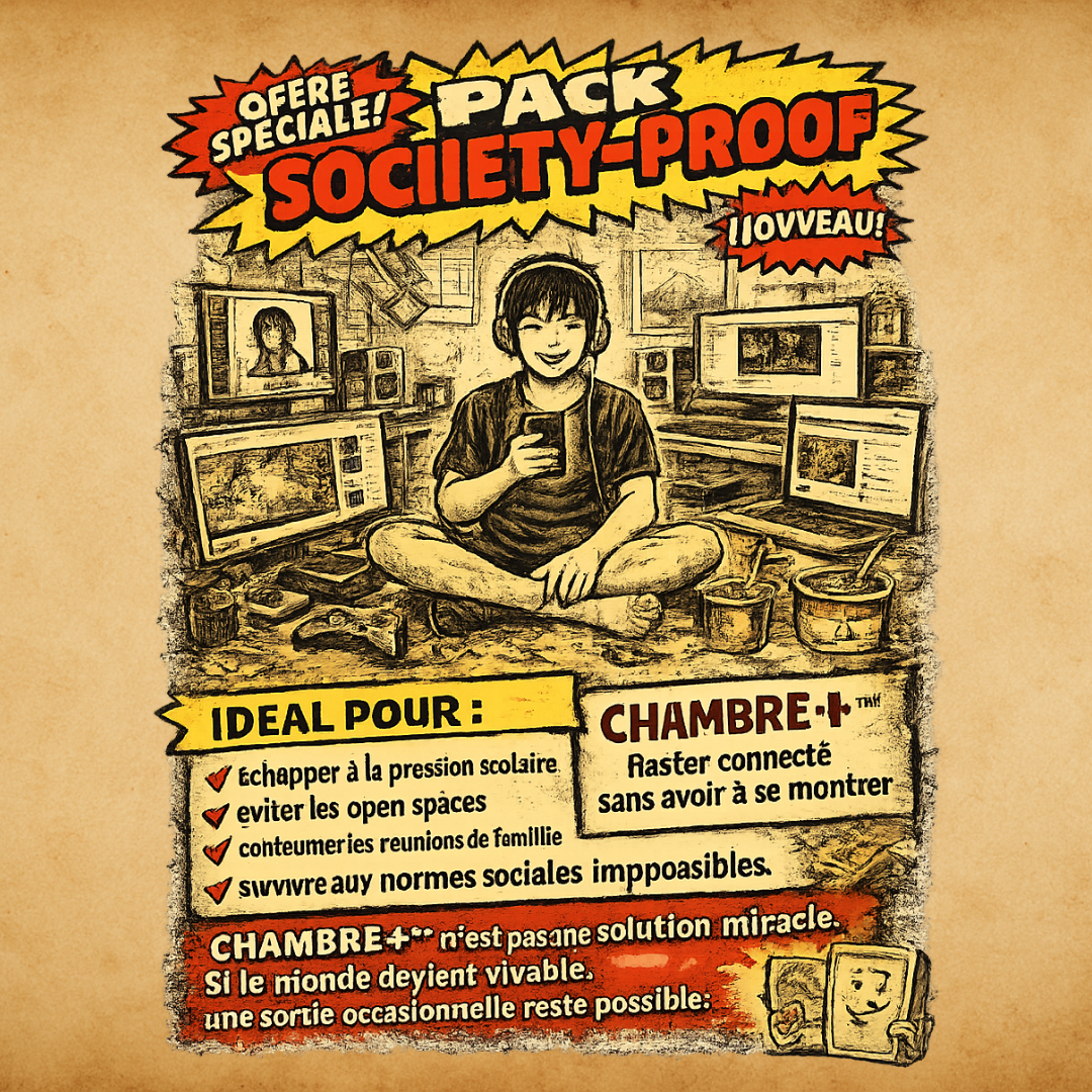 Societe_01 pub Adolescent seul dans une chambre entouré d’écrans avec une affiche “society-proof”, illustration satirique sur l’isolement numérique et la vie connectée
