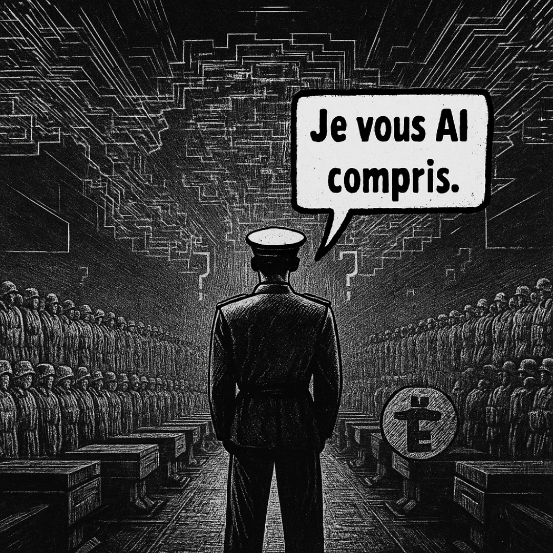 Societe_02 pub Personne en uniforme face à une foule avec le texte “je vous AI compris”, illustration inspirée d’une citation de Charles de Gaulle et détournée autour de l’intelligence artificielle