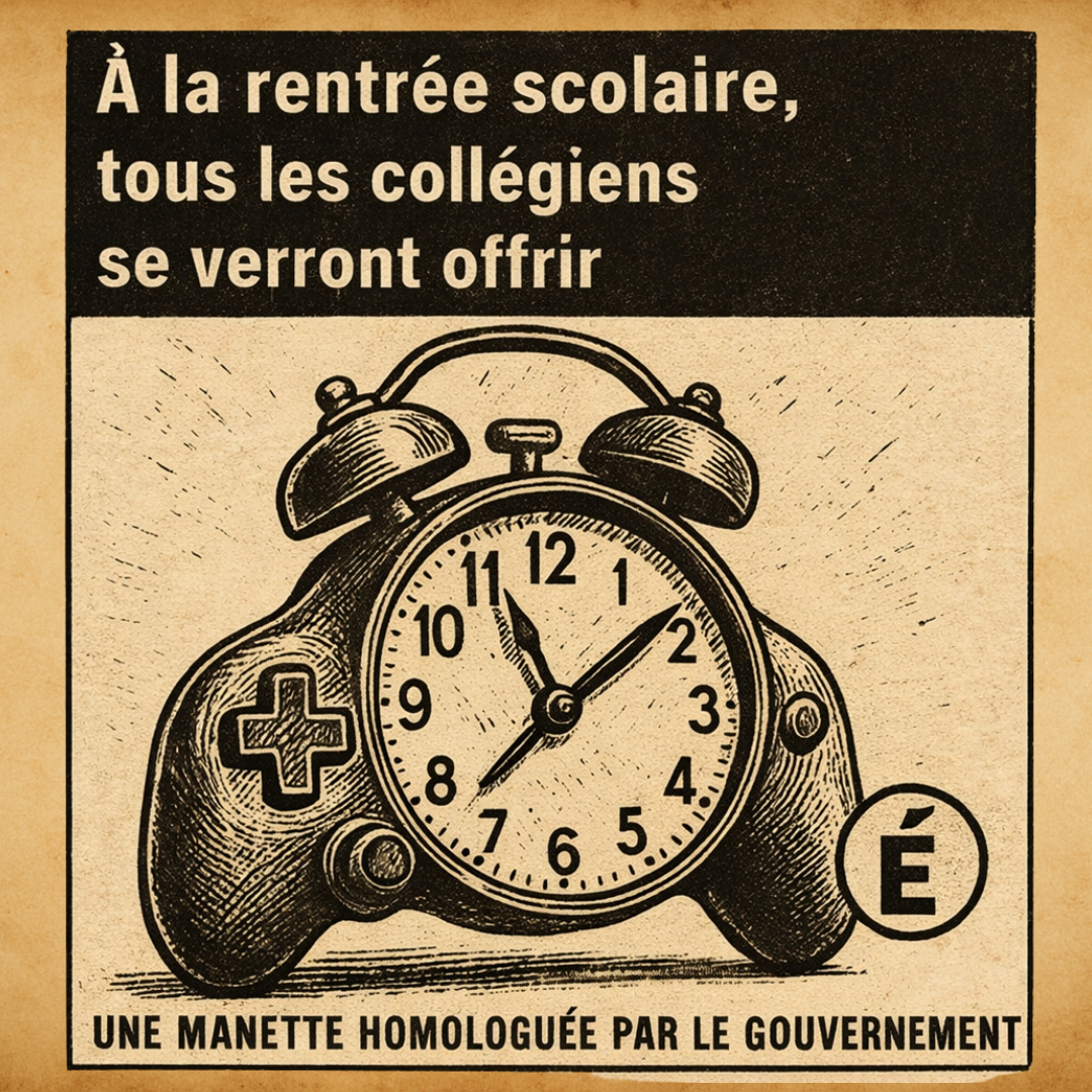 Societe_04 pub Affiche montrant une manette de jeu en forme d’horloge avec un message sur un équipement scolaire imposé, illustration satirique sur les écrans et la régulation