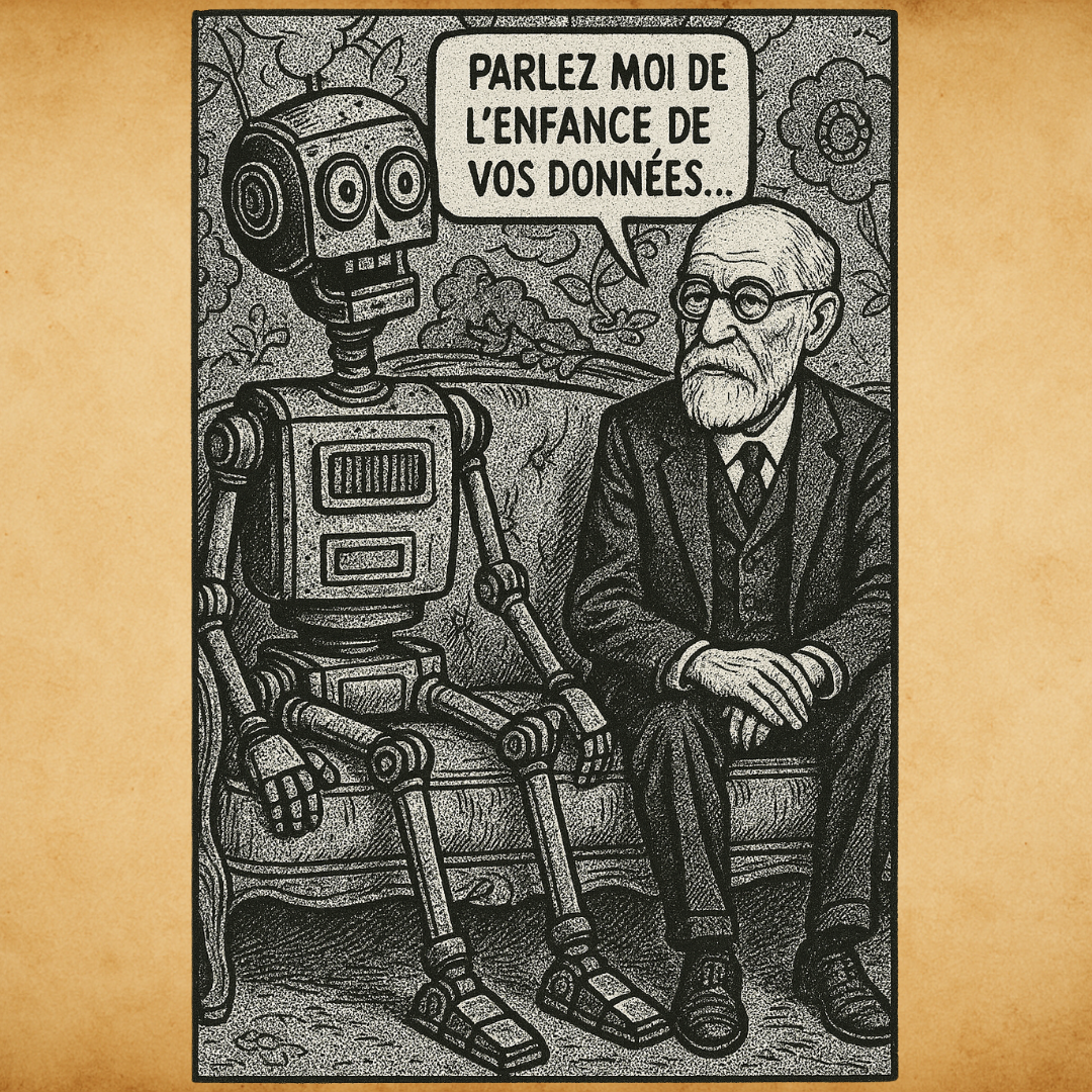 Societe_05 pub Robot assis à côté de Sigmund Freud sur un canapé avec le texte “parlez-moi de l’enfance de vos données”, illustration sur les données personnelles