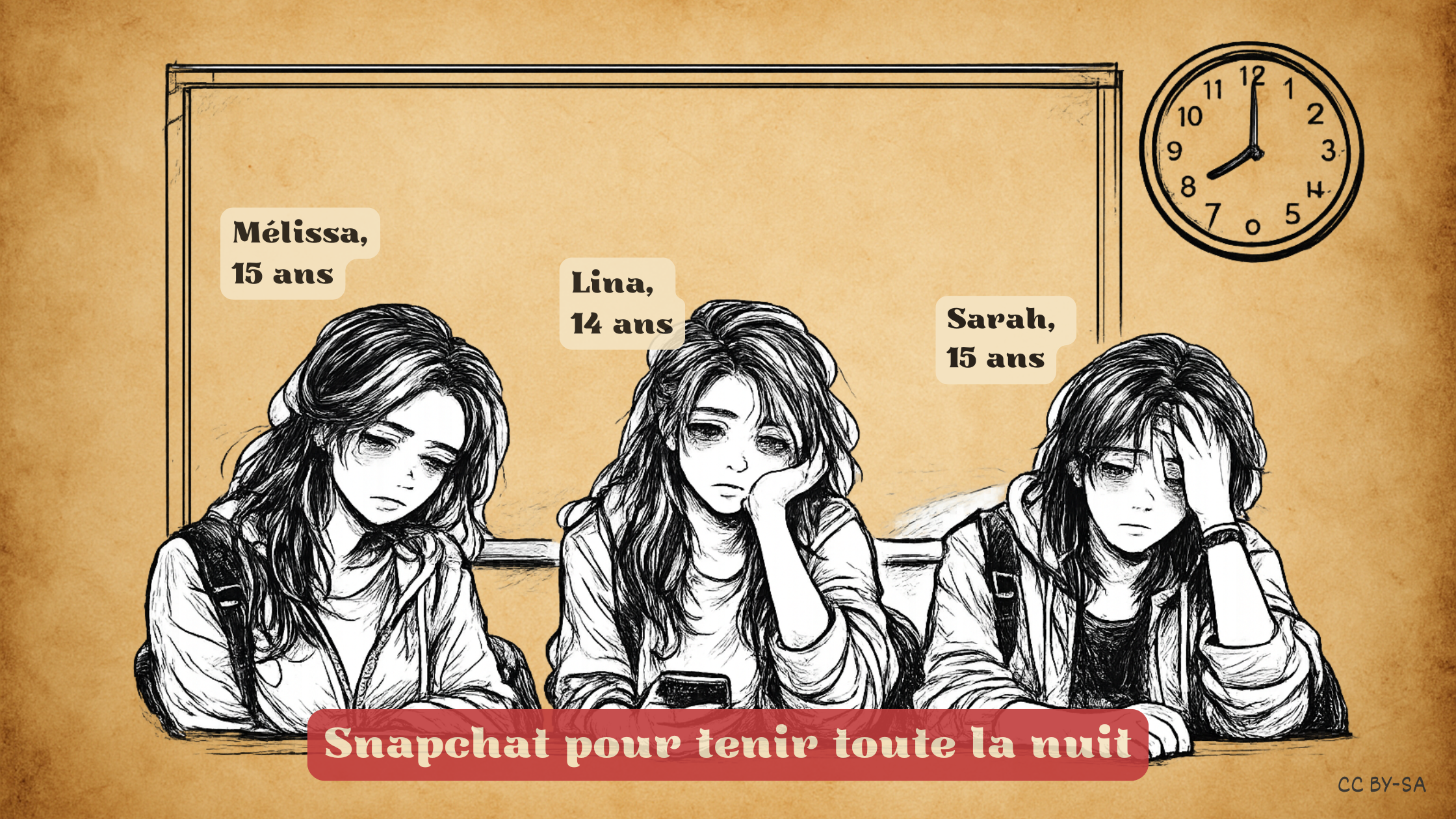 Vignette_01 Mélissa, Lina et Sarah Trois adolescentes fatiguées en classe utilisant leur smartphone, illustration de l’usage nocturne de Snapchat et du manque de sommeil