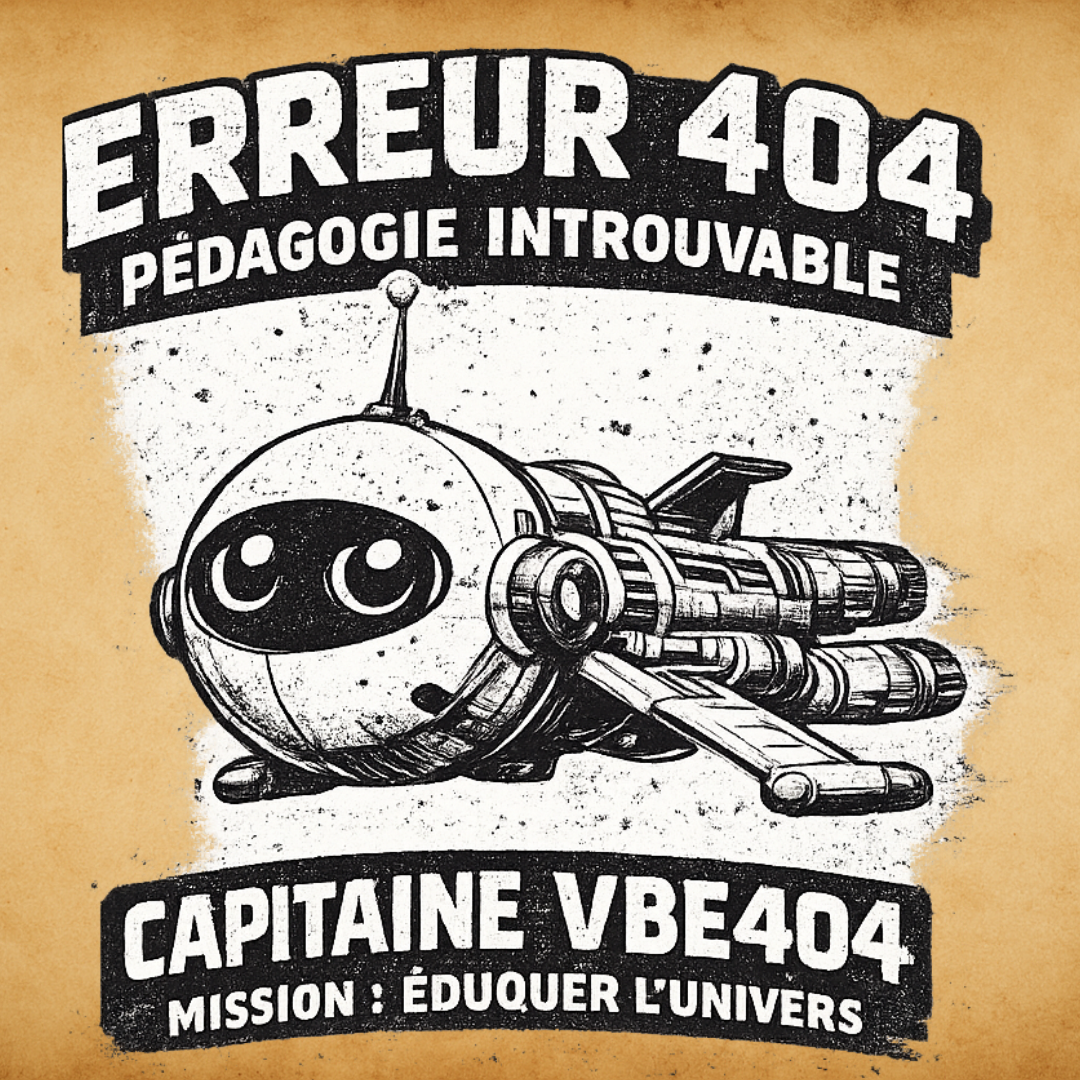 Vignette_03 pub Capitaine VBe404 Illustration d’un robot spatial avec le message “erreur 404 pédagogie introuvable” et référence à une mission éducative VBe404