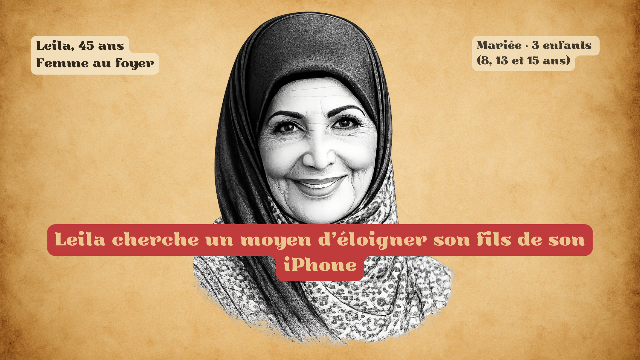 Vignette_04 Leila eila, 45 ans, femme au foyer, cherche à réduire l'addiction aux écrans de son fils. Illustration style dessin sur fond papier vieilli.
