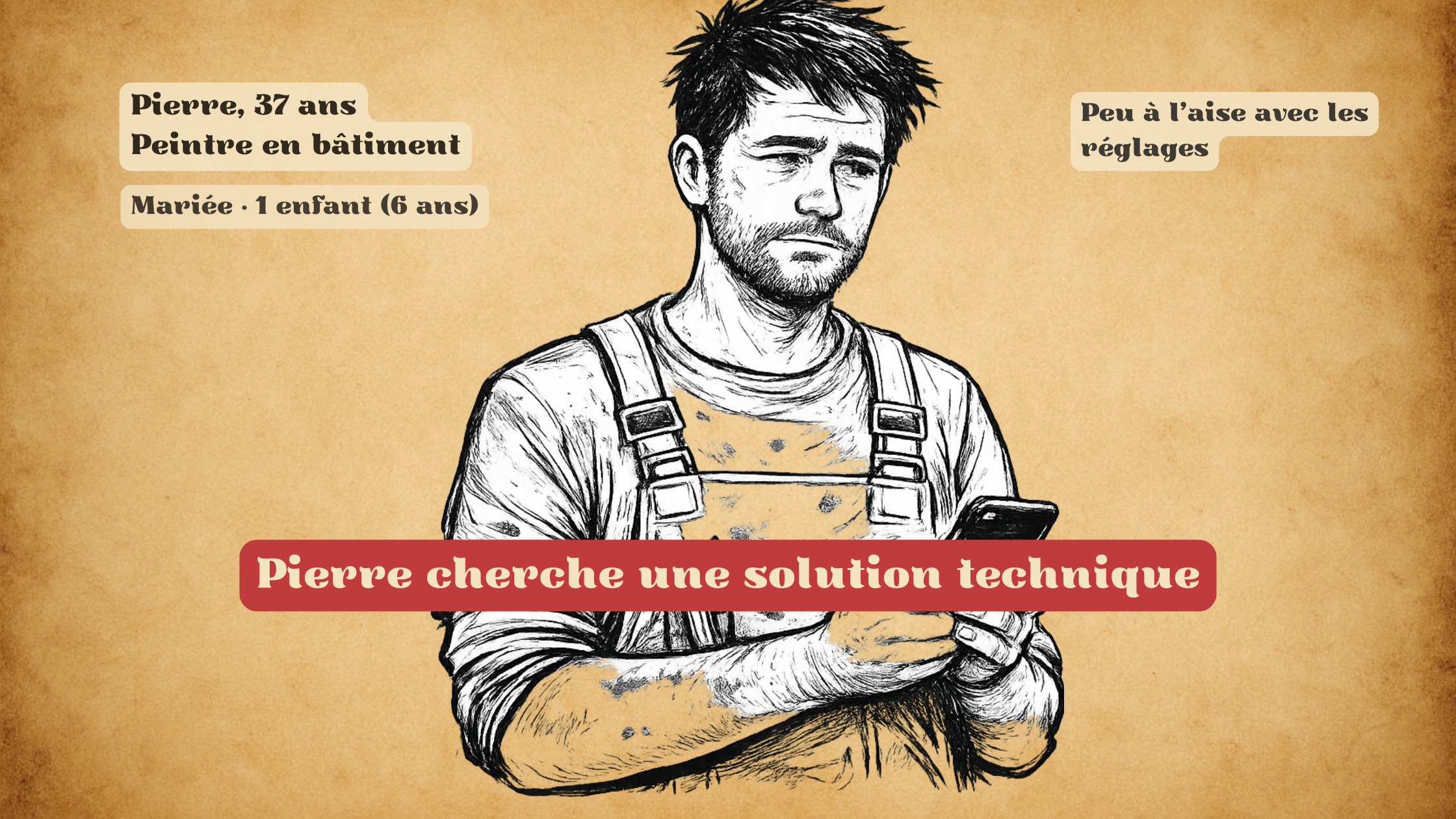 Homme peintre en bâtiment utilisant un smartphone, illustrant une recherche de solution technique et des difficultés avec les réglages numériques