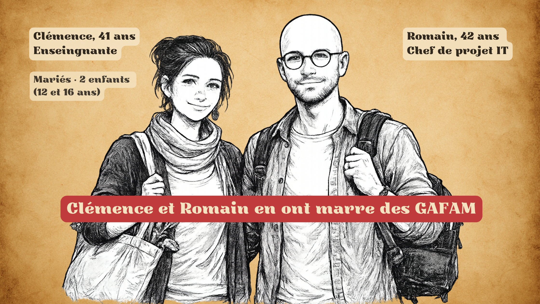 Vignette_07 Clémence & Romain Couple présenté comme enseignante et chef de projet IT exprimant une critique des grandes plateformes numériques (GAFAM)