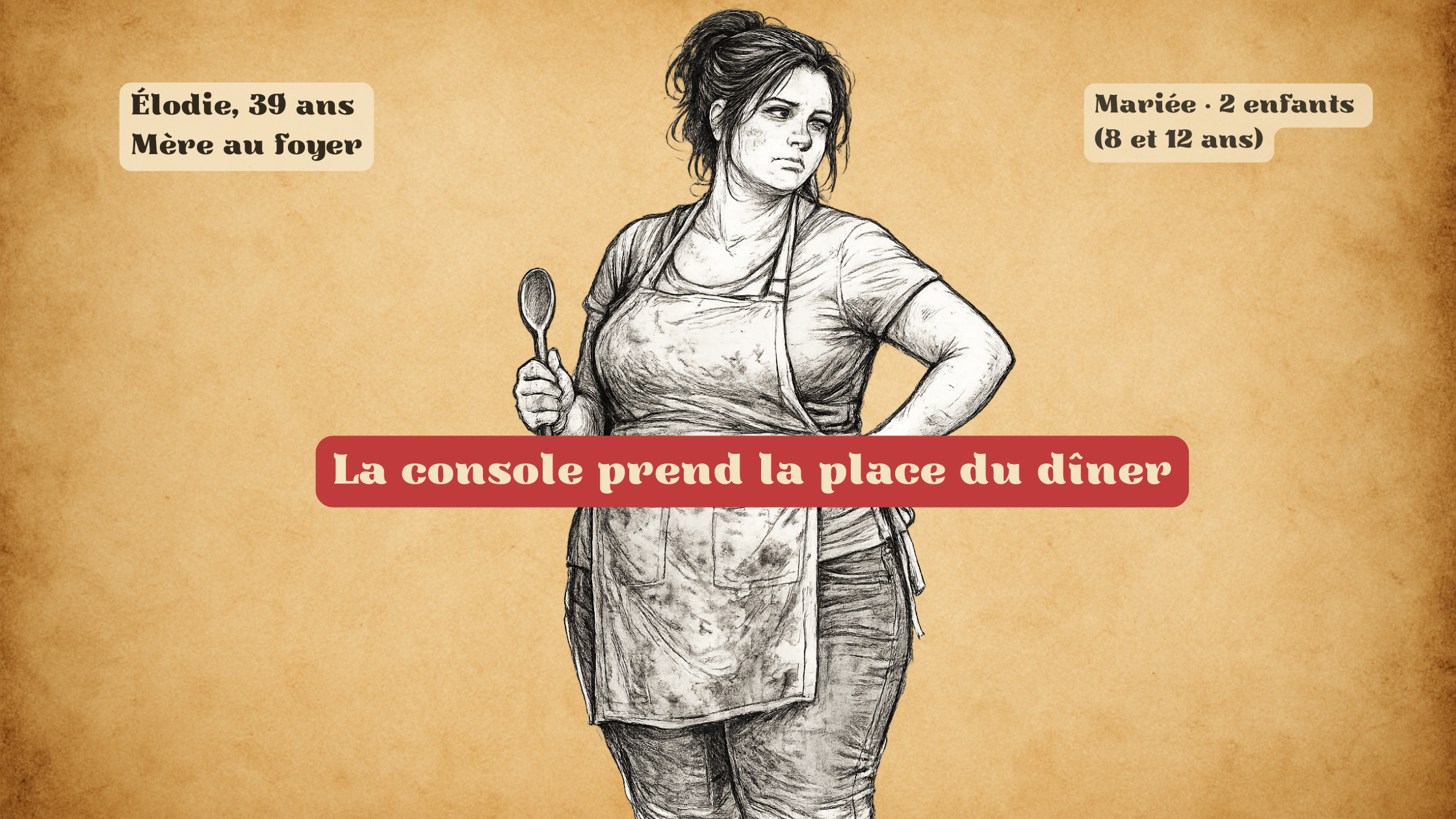 Femme tenant une cuillère présentée comme mère au foyer, illustration sur la place des écrans et des consoles dans la vie familiale