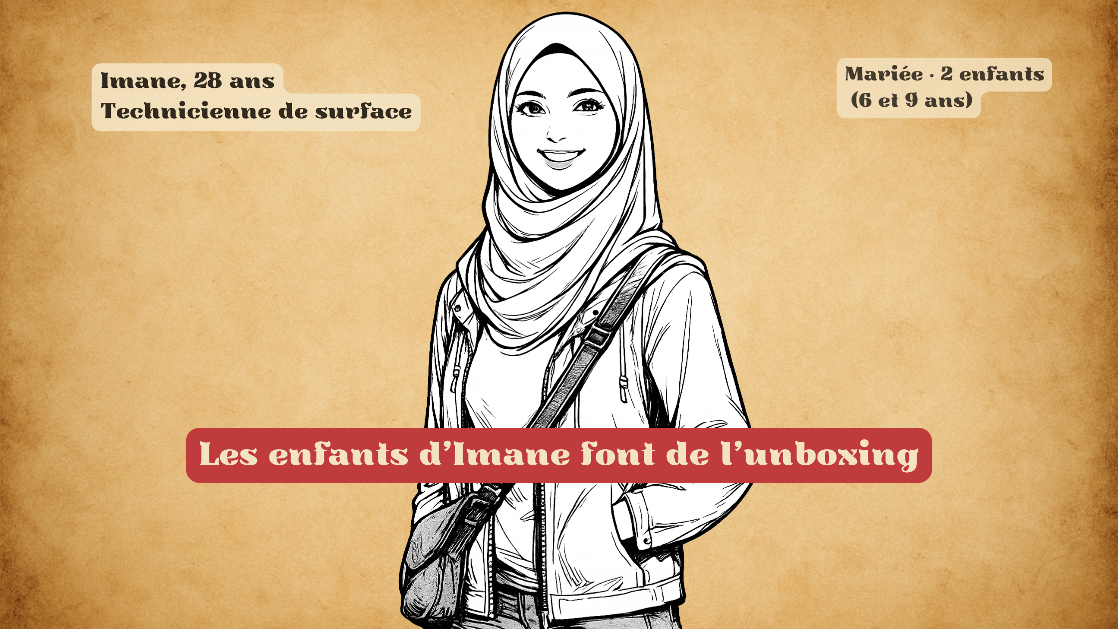 Vignette_09 Imane Femme identifiée comme technicienne de surface et mère de deux enfants, illustration liée aux usages numériques des enfants et à l’unboxing