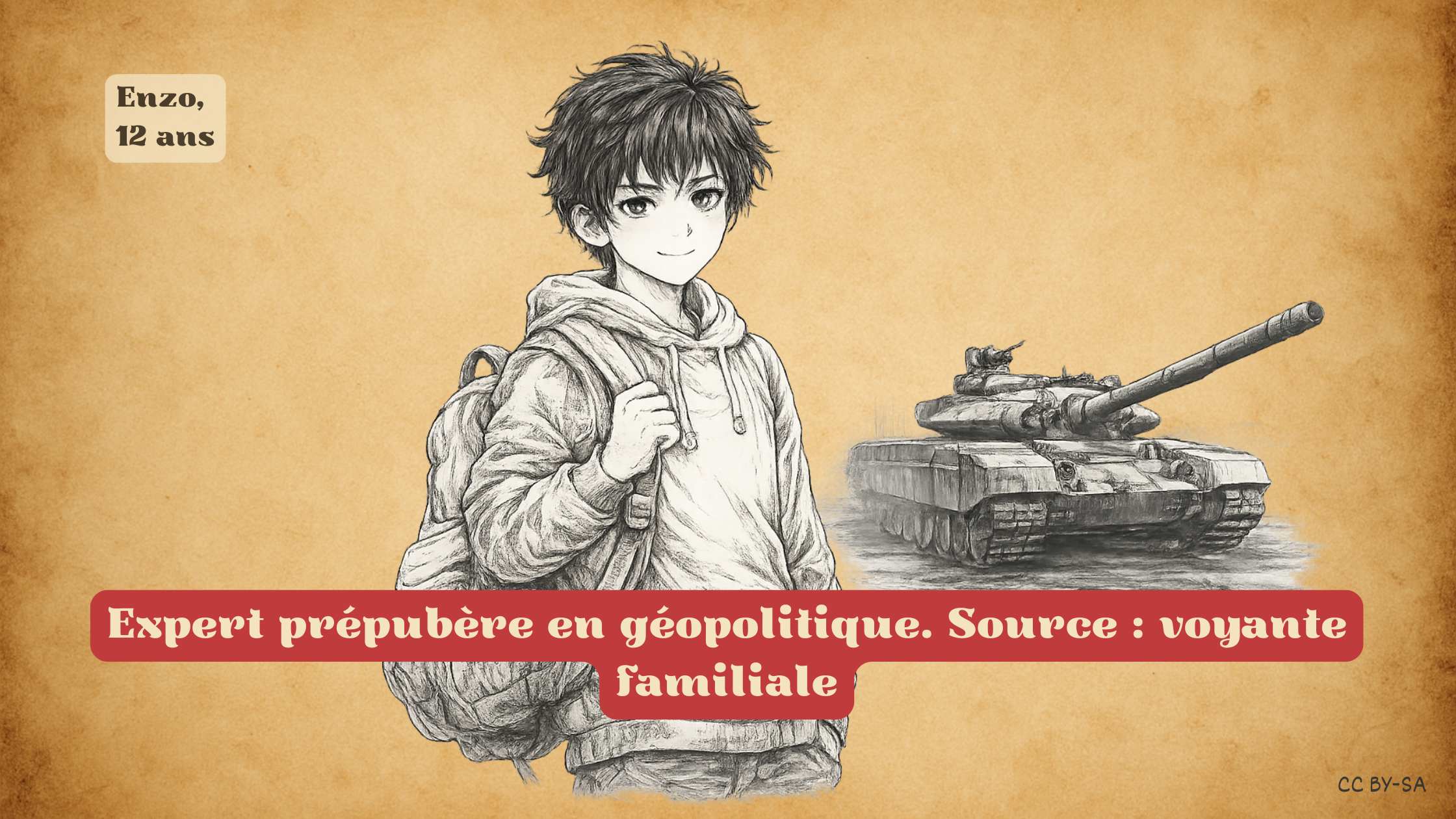 Jeune garçon avec sac à dos devant un char, illustration ironique sur un enfant présenté comme expert en géopolitique