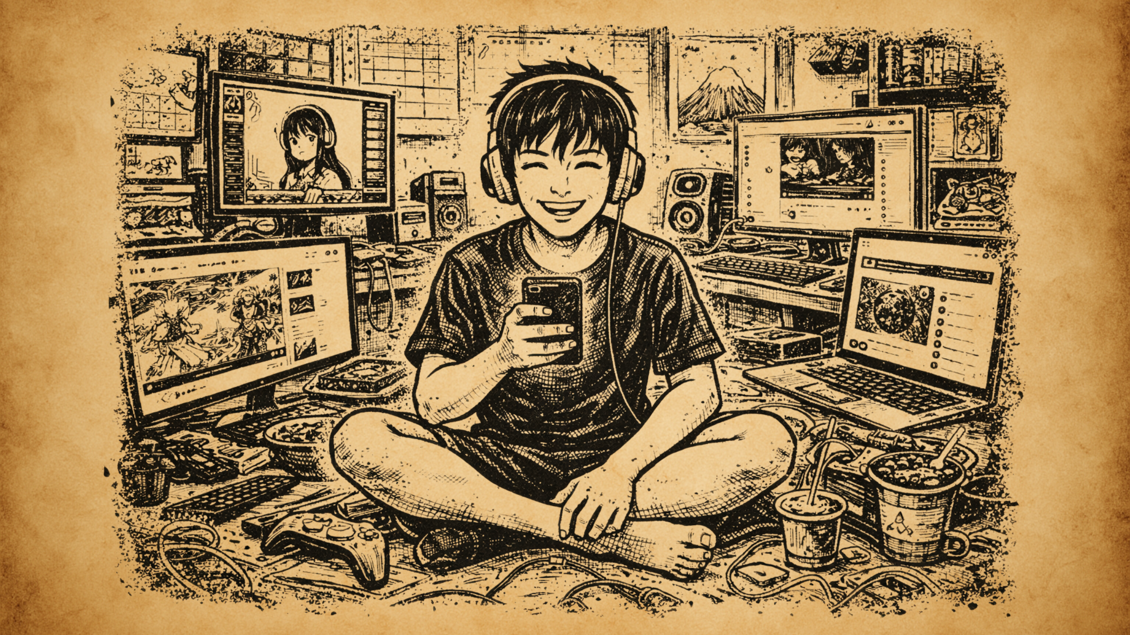 Adolescent seul dans une chambre entouré d’écrans et d’appareils numériques, illustration d’une situation d’isolement de type hikikomori