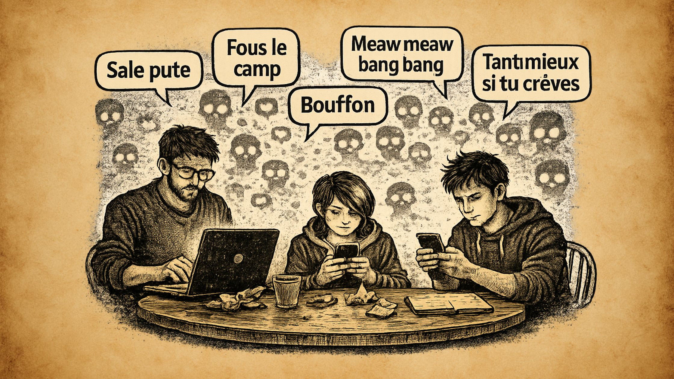 societe_02 Famille à table utilisant des écrans avec des messages insultants et violents en arrière-plan, illustration du cyberharcèlement et des interactions en ligne