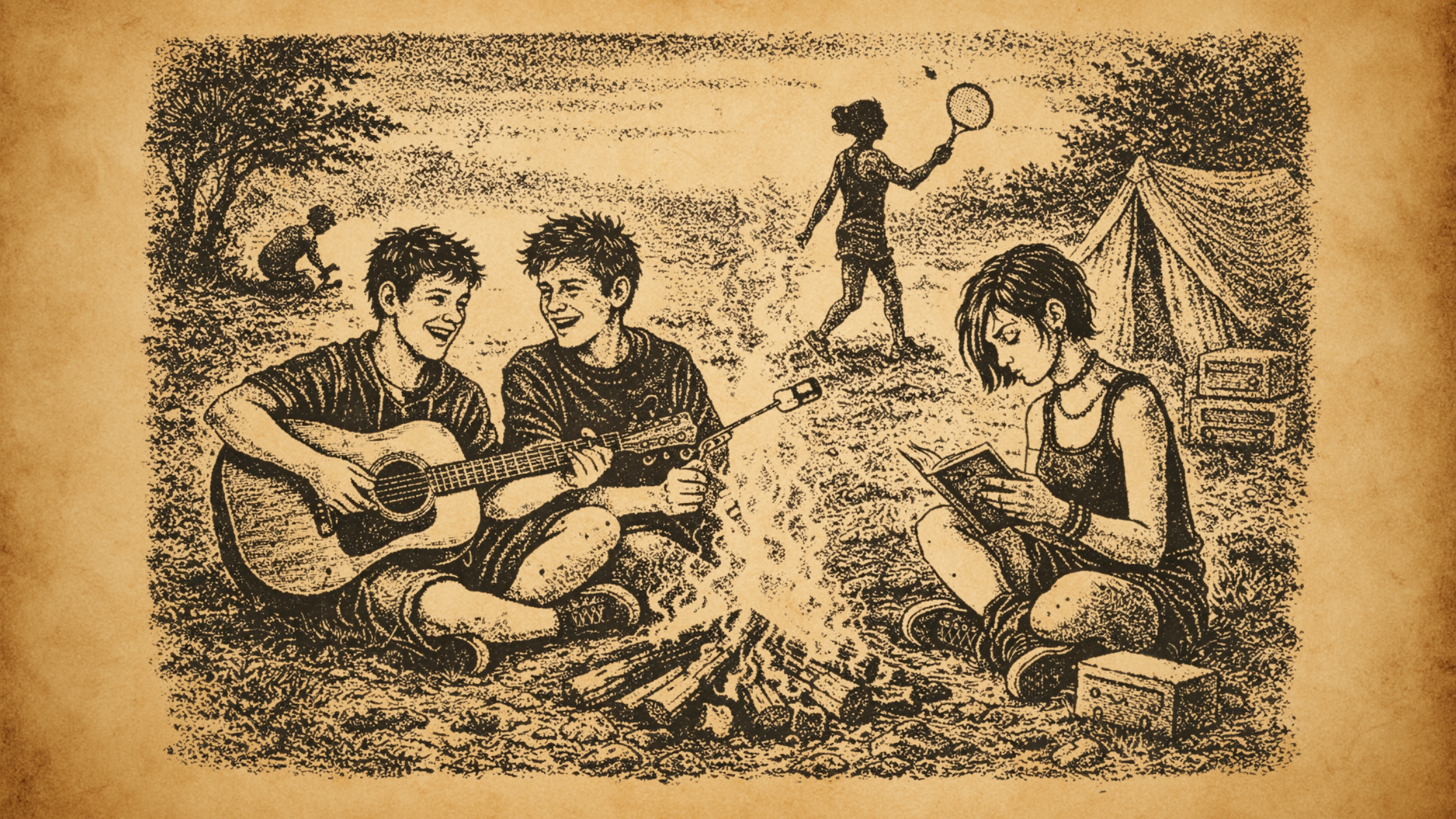 Enfants jouant et lisant autour d’un feu de camp sans écrans, illustration de la semaine sans écran et des activités hors numérique