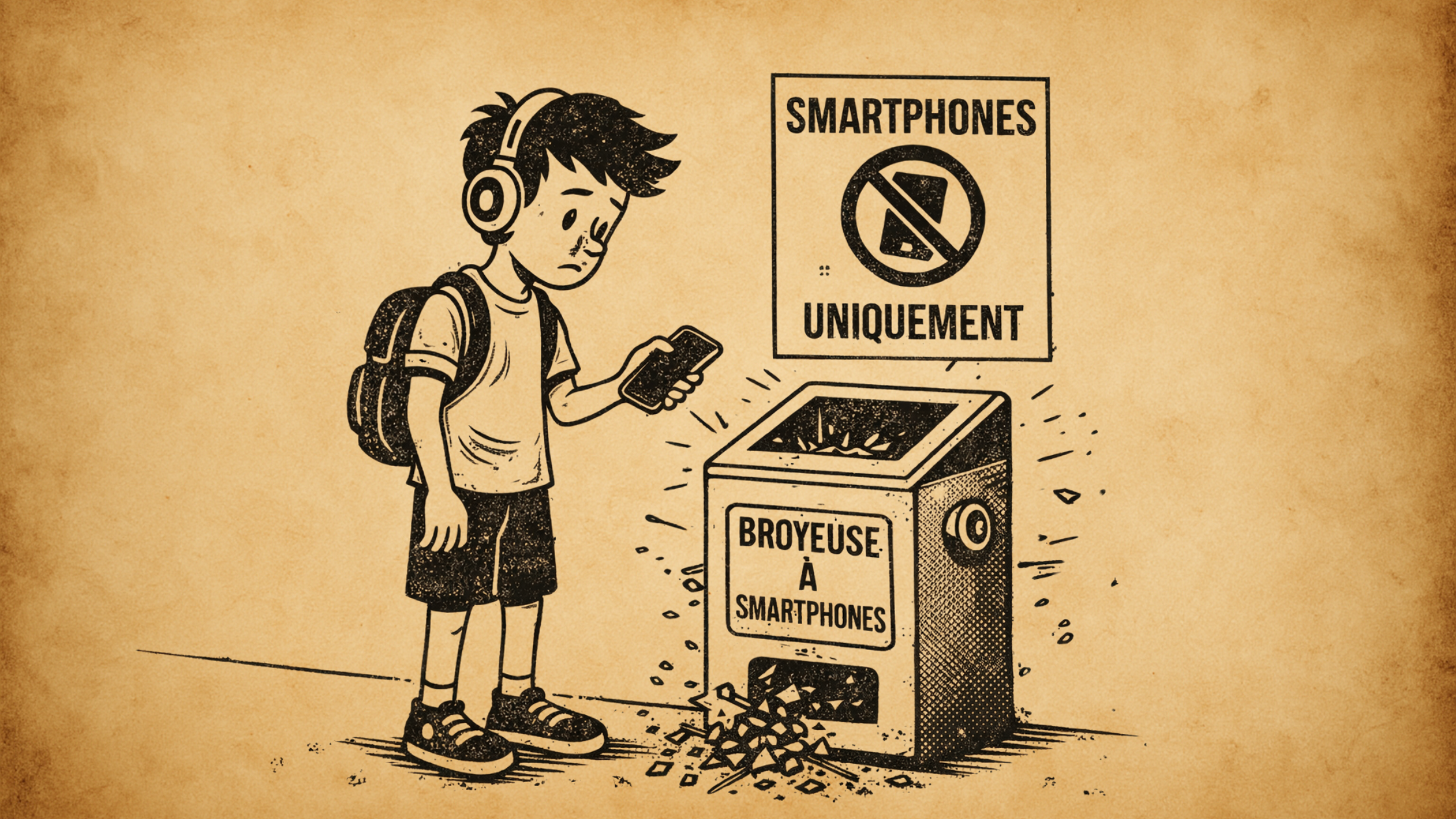 societe_04 Adolescent tenant un smartphone devant une machine “broyeuse à smartphones” avec un panneau d’interdiction, illustration sur la régulation des usages numériques