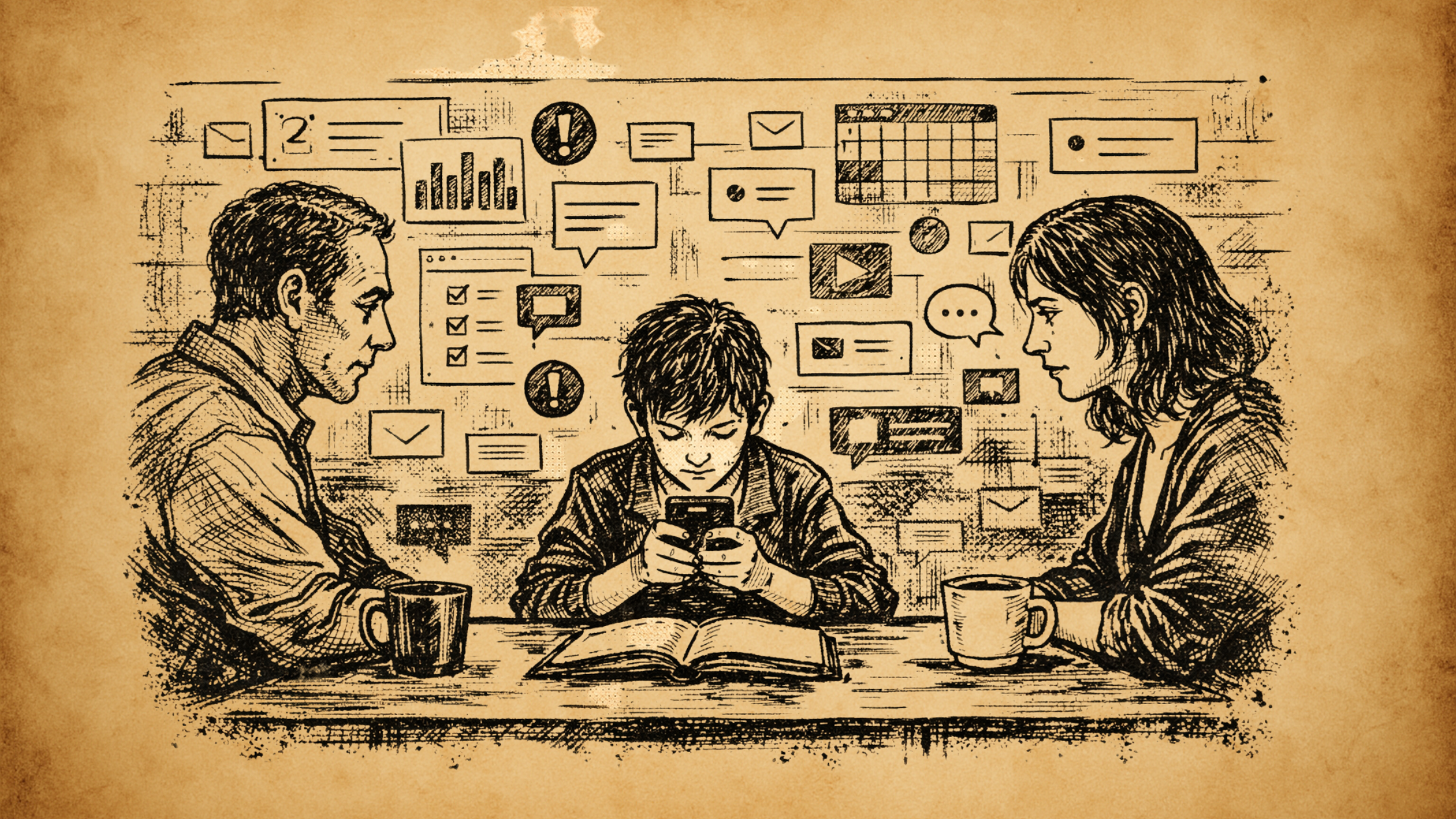 Enfant utilisant un smartphone à table entre ses parents avec des notifications scolaires, illustration des usages numériques liés à Pronote
